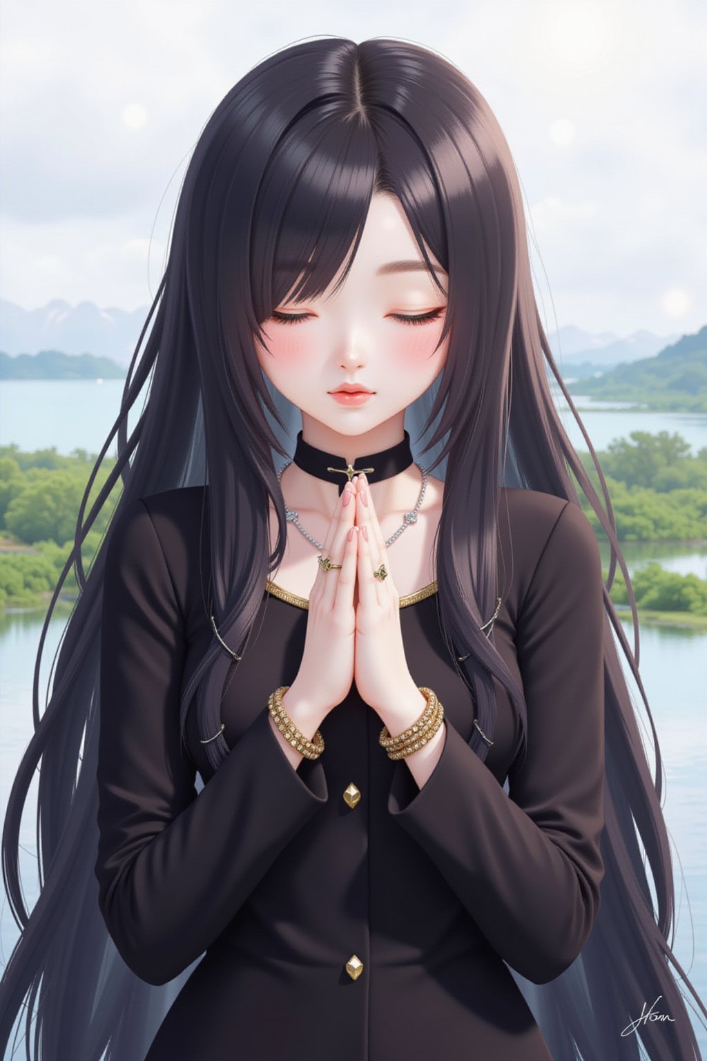 1girl, solo, long hair, black hair, hair ornament, long sleeves, dress, jewelry, closed mouth, closed eyes, upper body, earrings, necklace, bracelet, ring, own hands together, veil, red lips, praying,Midjourney_Whisper,Made of adrr-zllj,landscape,wonder beauty