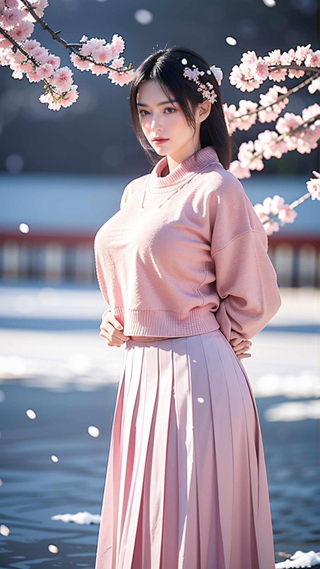 masterpiece, best quality, 1girl,Chinese hanfu,(pink sweater,mid length pleated skirt:1.2),(Forbidden City background, snowing, plum blossoms:1.2),plush clothes,(scarf:1.1),arms_behind_back,Young beauty spirit, (big breasts:1.3), 