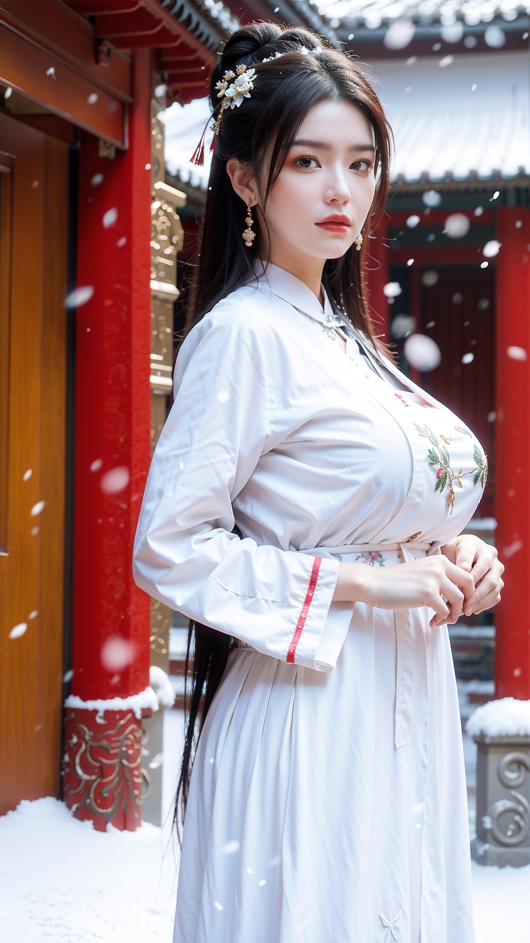 Masterpiece, Best Quality,young and beautiful Chinese girl wearing a cheongsam with coiled hair, , wearing vintage Chinese earrings, (big breasts:1.36),1girl, half, (Masterpiece:1.2), best quality, arien_hanfu, 1girl, (falling_snow:1.3), looking_at_viewer, , (big breasts:1.46),