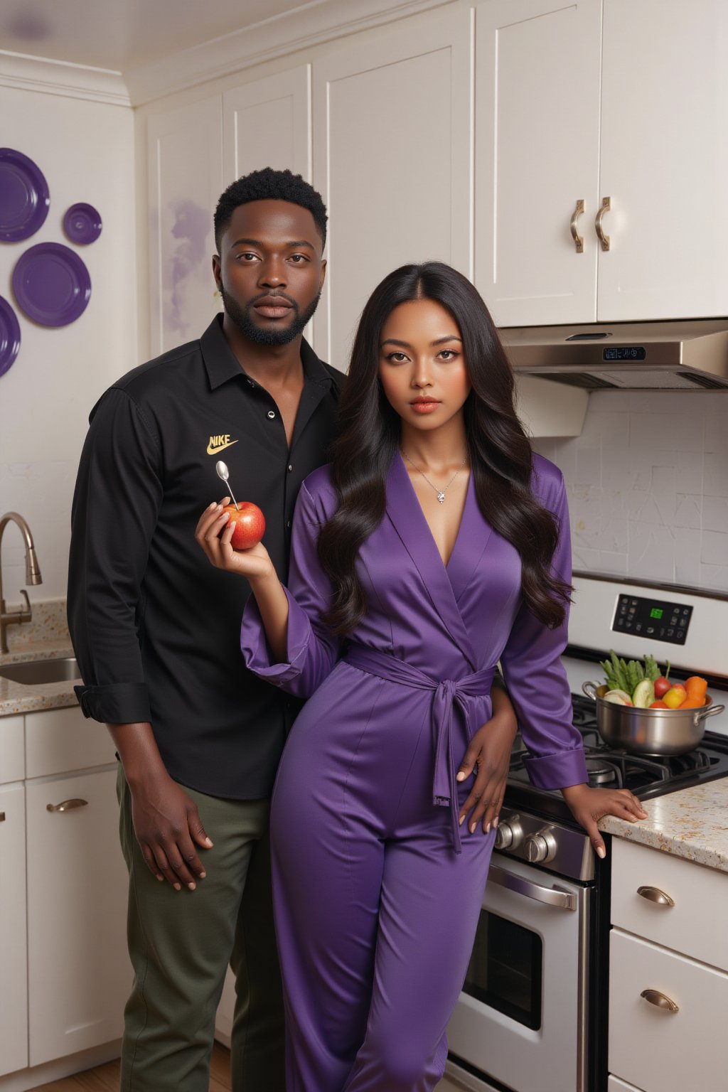 Close-up of a digital painting depicting a man in a black shirt and a beautiful woman in a purple jumpsuit standing in a kitchen. The man was wearing a black button-up shirt and dark green pants, with NIKE embroidery on the left side of the shirt. The woman wears a long-sleeved purple robe and holds a spoon in her right hand, while the man holds an apple in his left hand. The woman's arms rest in front of a silver pot on the stove. The stove is against a white countertop, with bowls of vegetables placed on it. There is a sink with a silver faucet to the left of the stove, and a white cabinet with silver handles. Above the counter, three purple plates hang from the ceiling. Realism. light and shadow. The lighting is soft. masterpiece