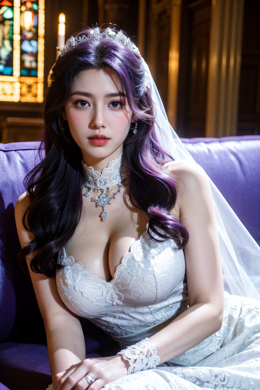 masterpiece,1girl,(mature female:0.5),tall body,golden proportions,(Kpop idol),(shiny skin:1.2),(oil skin:1.1),makeup,(close up),(church background:1.2),depth of field,(closed mouth:0.5),((long wavy purple hair)),(puffy eyes),(eyelashes:1.1),(parted lips:1.1),red lipstick,fantasy art style,dreamy light,(high neck purple wedding dress:1.33),(lace long wedding dress:1.39),perfect body,(dreamy veil:1.3),(dusk:1.2),princess shoes,(diamond necklace),(crystal hairpin),tyndall effect,highres,(Sit on the sofa:1.3),(big breasts:1.68),