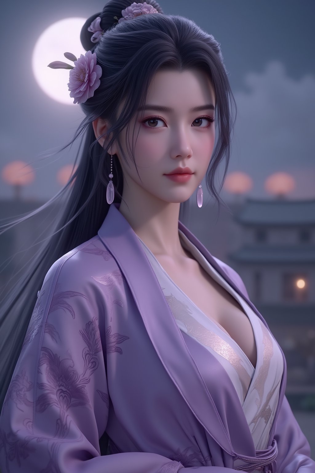 (8k, RAW photo, best quality, masterpiece:1.2), (realistic, photo-realistic:1.2)(raw photo) , detailed and intricate, original,highres,looking at viewer,upper body,black hair,BREAK,(light purple hanfu:1.29),(huge breasts:1.99),Xyunxiao,1girl,(full moon,Peony:1.36),BREAK,(Chinese Phoenix pattern embroidery:1.26),wonder beauty