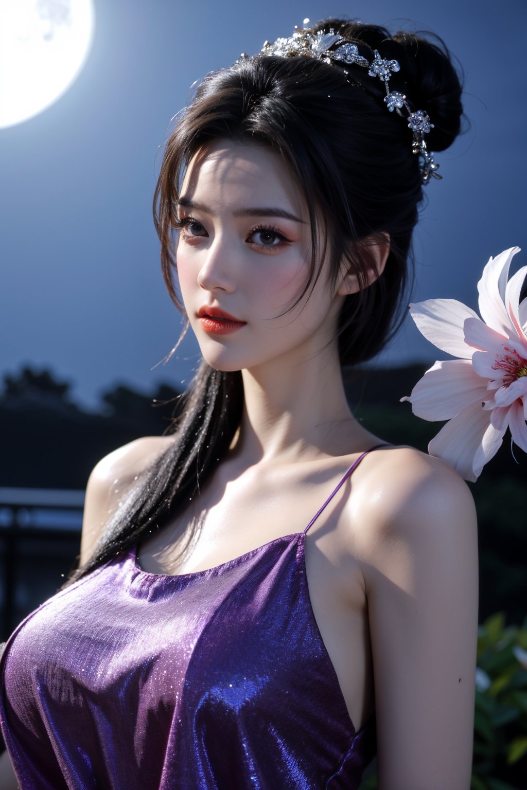   (masterpiece, best quality:1.2),1girl, navel, solo, midriff, bare shoulders, lantern, hair ornament, flower, hair flower, paper lantern, black hair, red lips, looking at viewer, chinese clothes, (light Holographic Color dress:1.29), purple eyes,blurry, solo focus, long hair, lips, night, lipstick, outdoors, upper body, blurry,(huge breasts:1.46), background, solo, makeup, hair bun,Xyunxiao,(full moon:1.23)