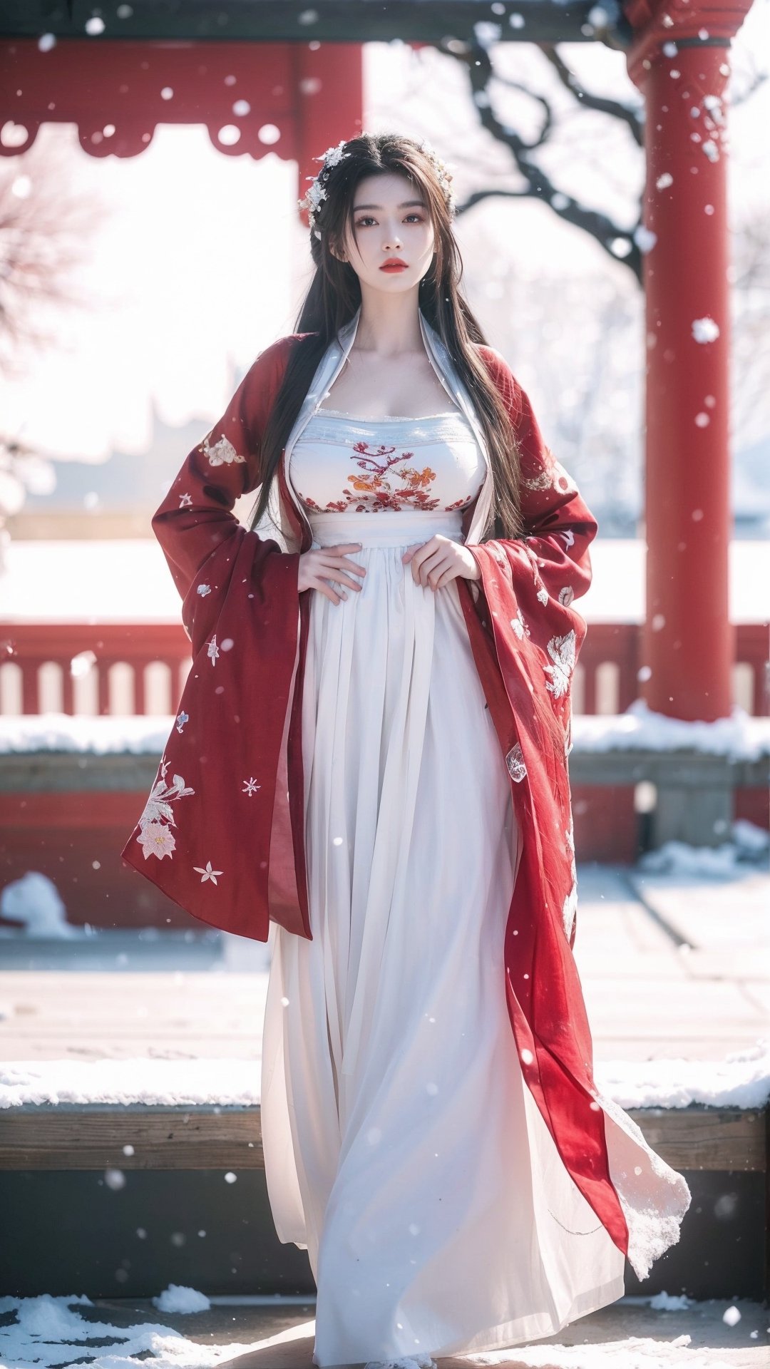 hanfu2, Best Quality, masterpiece, Super High Resolution, (realistic: 1.4) , (Snowing:1.5), 1 girl, (long hair:1.2),  (big breasts:1.59),hanfu,18-year-old,  (best quality, 8k, Masterpiece: 1.3) , exquisite (realistic style) , extreme face, photo-level lighting,  creamy skin, fair skin, high-detail skin, realistic skin details, visible pores, (super-detail) , (perfect body: 1.1) , long hair, (dynamic pose:1.3) , (big breasts:1.6),1girl,long skirt,long sleeves,HOG_Calligraphy_Tatoo,myhanfu,moyou,embroidered flower patterns,tangdynastyhanfu