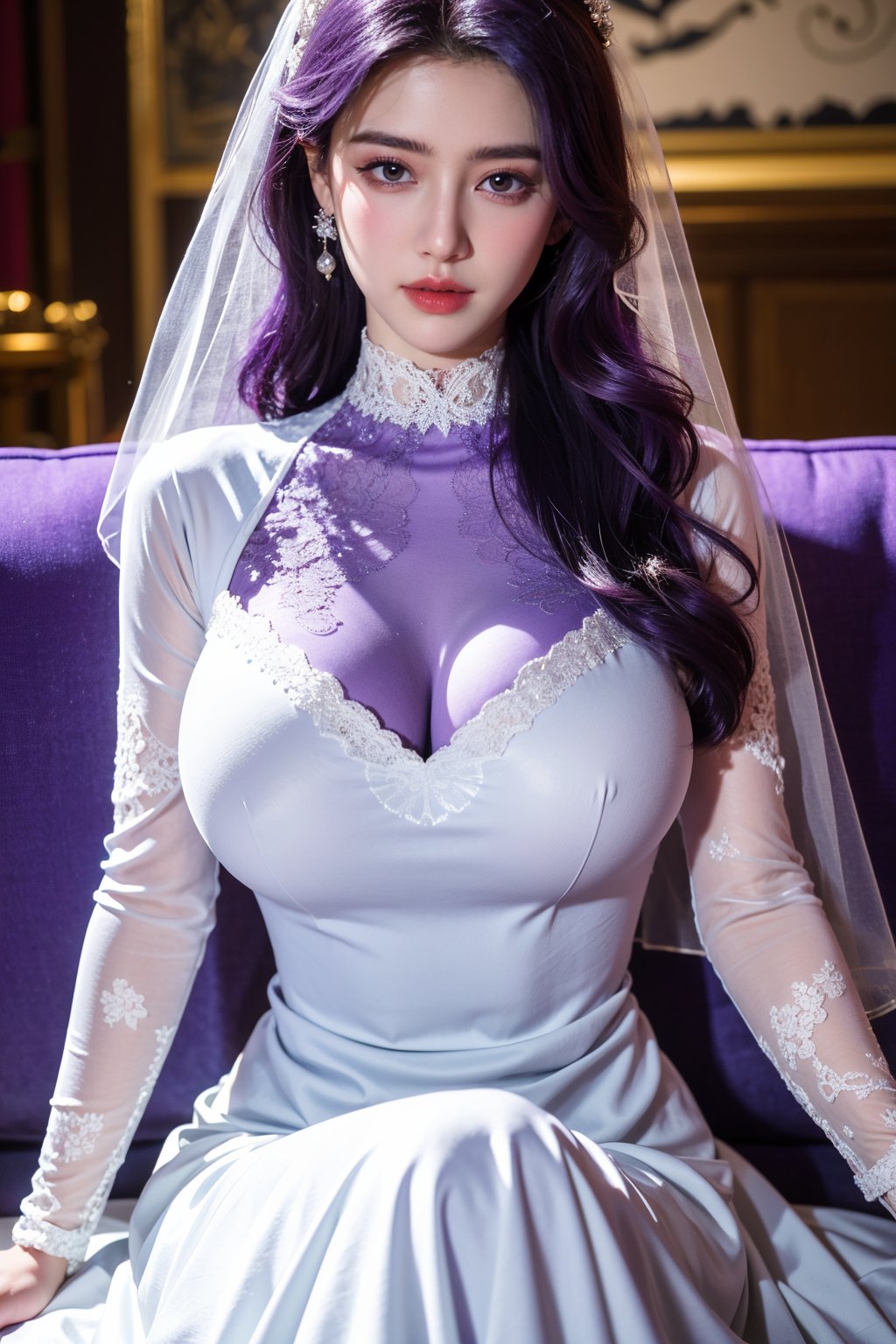 masterpiece,1girl,(mature female:0.5),tall body,golden proportions,(Kpop idol),(shiny skin:1.2),(oil skin:1.1),makeup,(close up),(church background:1.2),depth of field,(closed mouth:0.5),((long wavy purple hair)),(puffy eyes),(eyelashes:1.1),(parted lips:1.1),red lipstick,fantasy art style,dreamy light,(high neck purple wedding dress:1.59),(lace long wedding dress:1.39),perfect body,(dreamy veil:1.3),(dusk:1.2),princess shoes,(diamond necklace),(crystal hairpin),tyndall effect,highres,(Sit on the sofa:1.3),(big breasts:1.79),