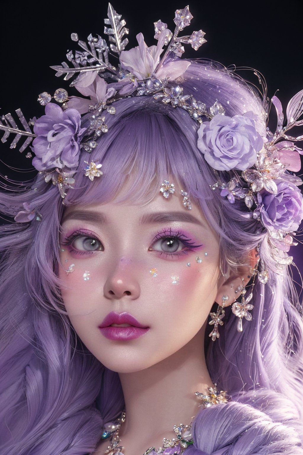 light purple theme,  snowflakes,  looking at viewer,  portrait,  colorful hair,  jewelry,  close up,  ultra high res,  deep shadow, (best quality,  masterpiece),  dimly lit,  shade, highly detailed,  bold makeup,  flower,  simple background,  depth of field,  film grain,  fashion_girl,  accessories, High detailed, ,fashion_girl,dream_girl