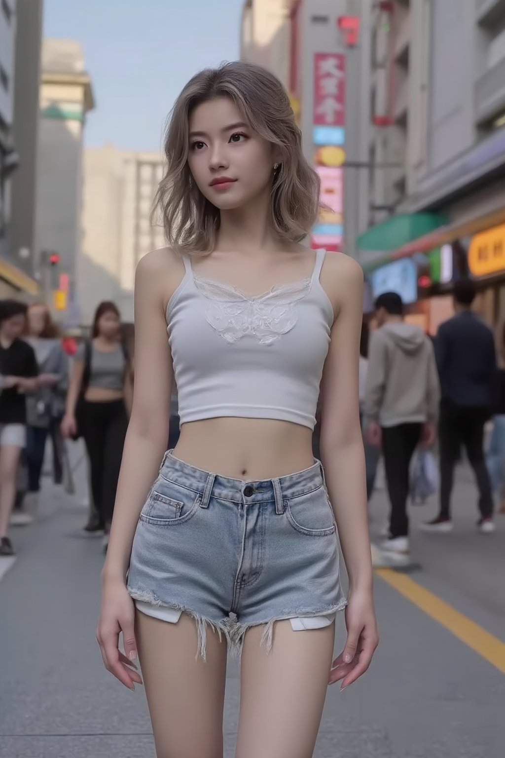 Create a realistic street photography style image of a stylish Korean woman in Seoul. She's wearing light-washed high-waisted denim shorts with pockets peeking out below the hem, paired with a white cropped top. Her medium-length wavy hair is dyed light brown. She's standing on a busy Seoul street with neon signs and crowds in the background. Capture her in a candid pose, as if waiting for someone. Use natural lighting to enhance the urban atmosphere and showcase the fashion details.,Xyunxiao,Xxiaolongnv