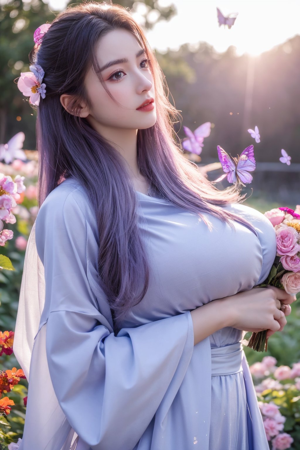 (masterpiece, best quality:1.2), highres, extremely detailed, 1 girl, purple hair, eye highlights,purple dress, frills, outdoors, flower, fluttering petals, upper body, depth of field,pastel color, Depth of field,(garden of the sun,shiny,flowers, garden, 1girl, butterfly style, butterflies:1.23), ultra detailed, glary,Light, light particles,glitter,reflect,,(big breasts:1.59),Xyunxiao,full_moon,hanfu