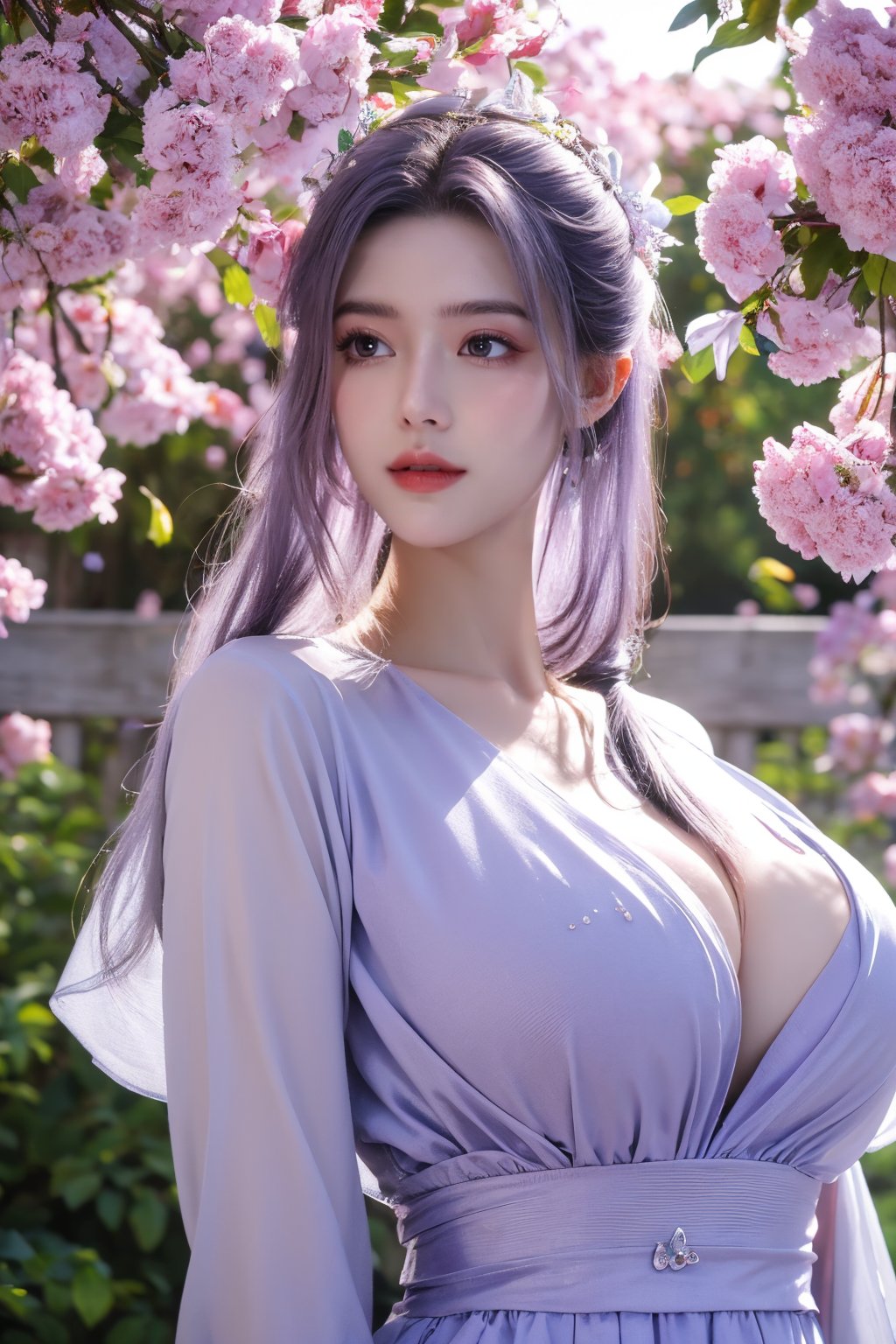 (masterpiece, best quality:1.2), highres, extremely detailed, 1 girl, purple hair, eye highlights,purple dress, frills, outdoors, flower, fluttering petals, upper body, depth of field,pastel color, Depth of field,(garden of the sun,shiny,flowers, garden, 1girl, butterfly style, butterflies:1.23), ultra detailed, glary,Light, light particles,glitter,reflect,,(big breasts:1.59),Xyunxiao,full_moon,hanfu