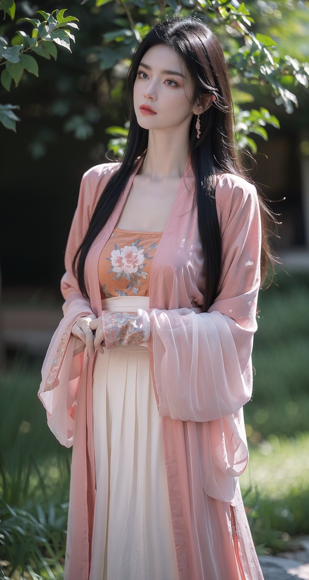 (hanfu),(floral print:1.3),(pink see-through shirt),(green see-through print long skirt),(long sleeves),1 girl,full body,(long hair:1.1),,(big breasts:1.3), (realistic:1.7),((best quality)),absurdres,(ultra high res),(photorealistic:1.6),photorealistic,octane render,(hyperrealistic:1.2), (photorealistic face:1.2), (8k), (4k), ,,(big breasts:1.5),(Masterpiece),(realistic skin texture), (illustration, cinematic lighting,wallpaper),( beautiful eyes:1.2),((((perfect face)))),(cute),(standing),(black hair),black eyes,red lips, outdoors, (chinese style buildings), ,hanfu,Agoon