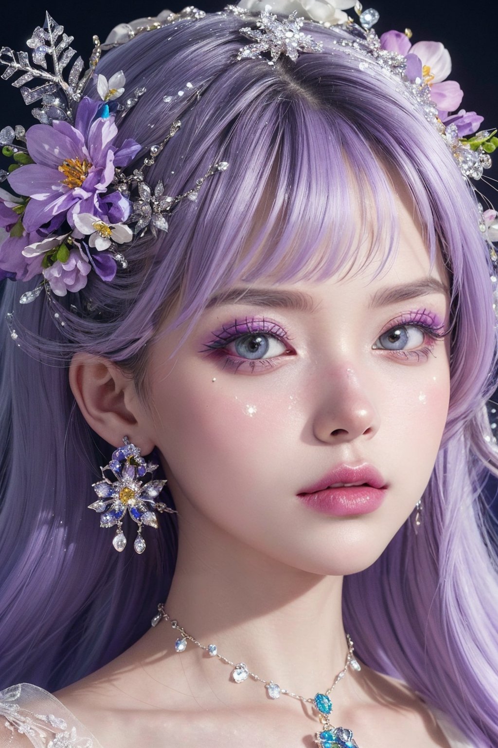 light purple theme,  snowflakes,  looking at viewer,  portrait,  colorful hair,  jewelry,  close up,  ultra high res,  deep shadow, (best quality,  masterpiece),  dimly lit,  shade, highly detailed,  bold makeup,  flower,  solid color background,  depth of field,  film grain,  fashion_girl,  accessories, High detailed, ,fashion_girl,dream_girl