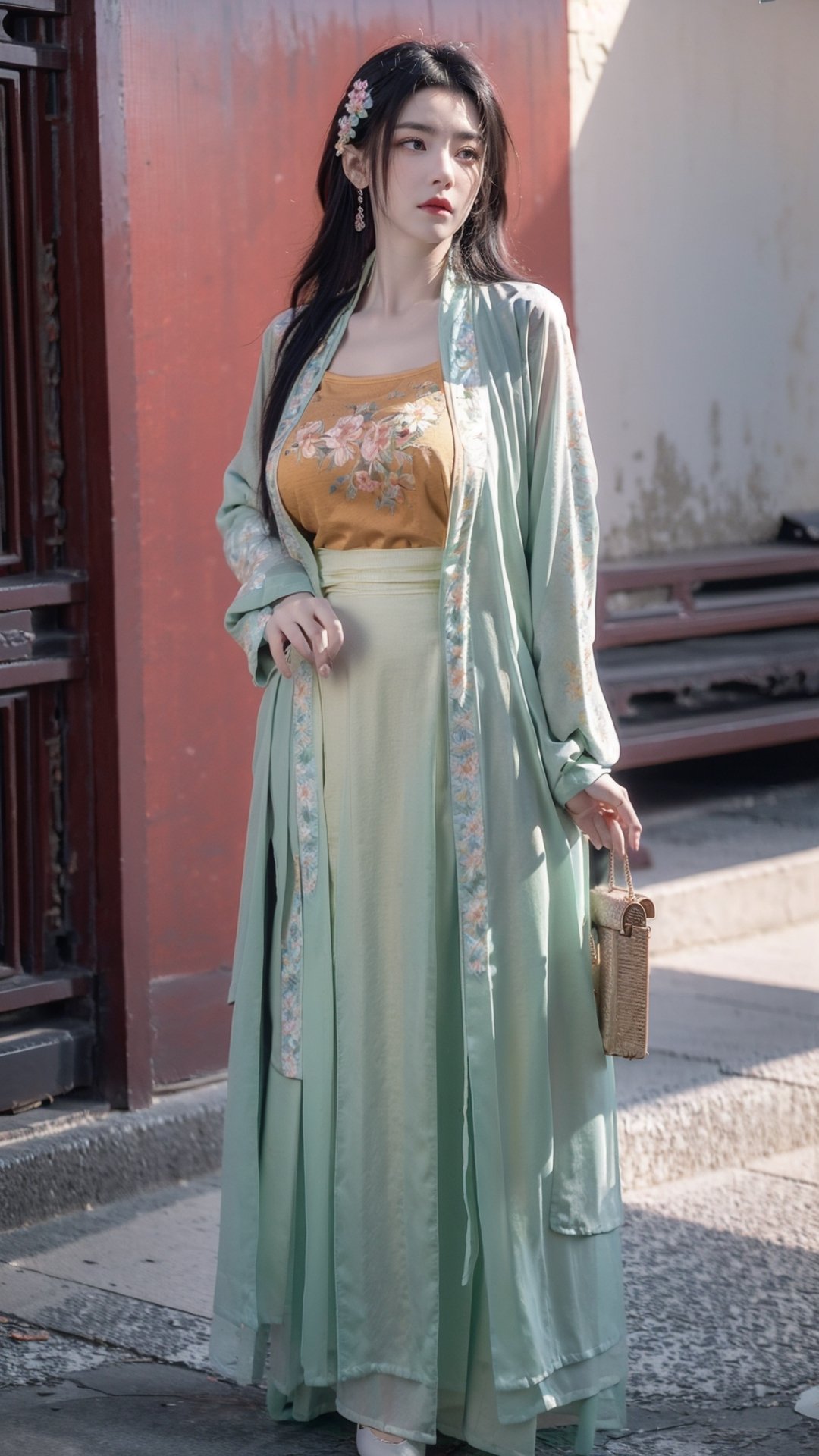 (hanfu),(floral print:1.3),(pink see-through shirt),(green see-through print long skirt),(long sleeves),1 girl,full body,(long hair:1.1),,(big breasts:1.5), (realistic:1.7),((best quality)),absurdres,(ultra high res),(photorealistic:1.6),photorealistic,octane render,(hyperrealistic:1.2), (photorealistic face:1.2), (8k), (4k), ,,(big breasts:1.5),(Masterpiece),(realistic skin texture), (illustration, cinematic lighting,wallpaper),( beautiful eyes:1.2),((((perfect face)))),(cute),(standing),(black hair),black eyes,red lips, outdoors, (chinese style buildings), ,hanfu,Agoon