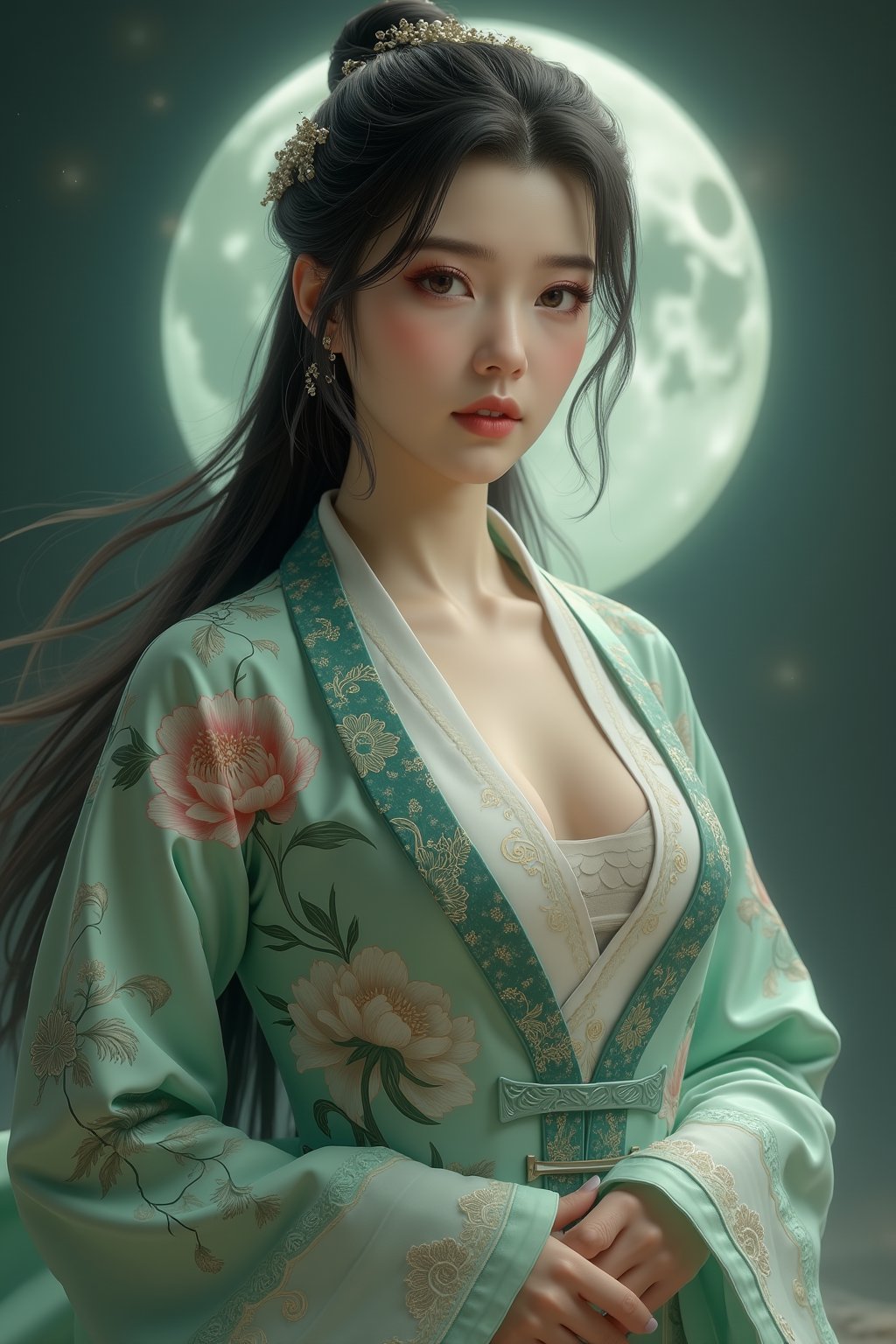 (8k, RAW photo, best quality, masterpiece:1.2), (realistic, photo-realistic:1.2)(raw photo) , detailed and intricate, original,highres,looking at viewer,upper body,black hair,BREAK,(light green hanfu:1.29),(huge breasts:2.3),Xyunxiao,1girl,(full moon,Peony:1.36),BREAK,(Chinese Phoenix pattern embroidery:1.26),wonder beauty