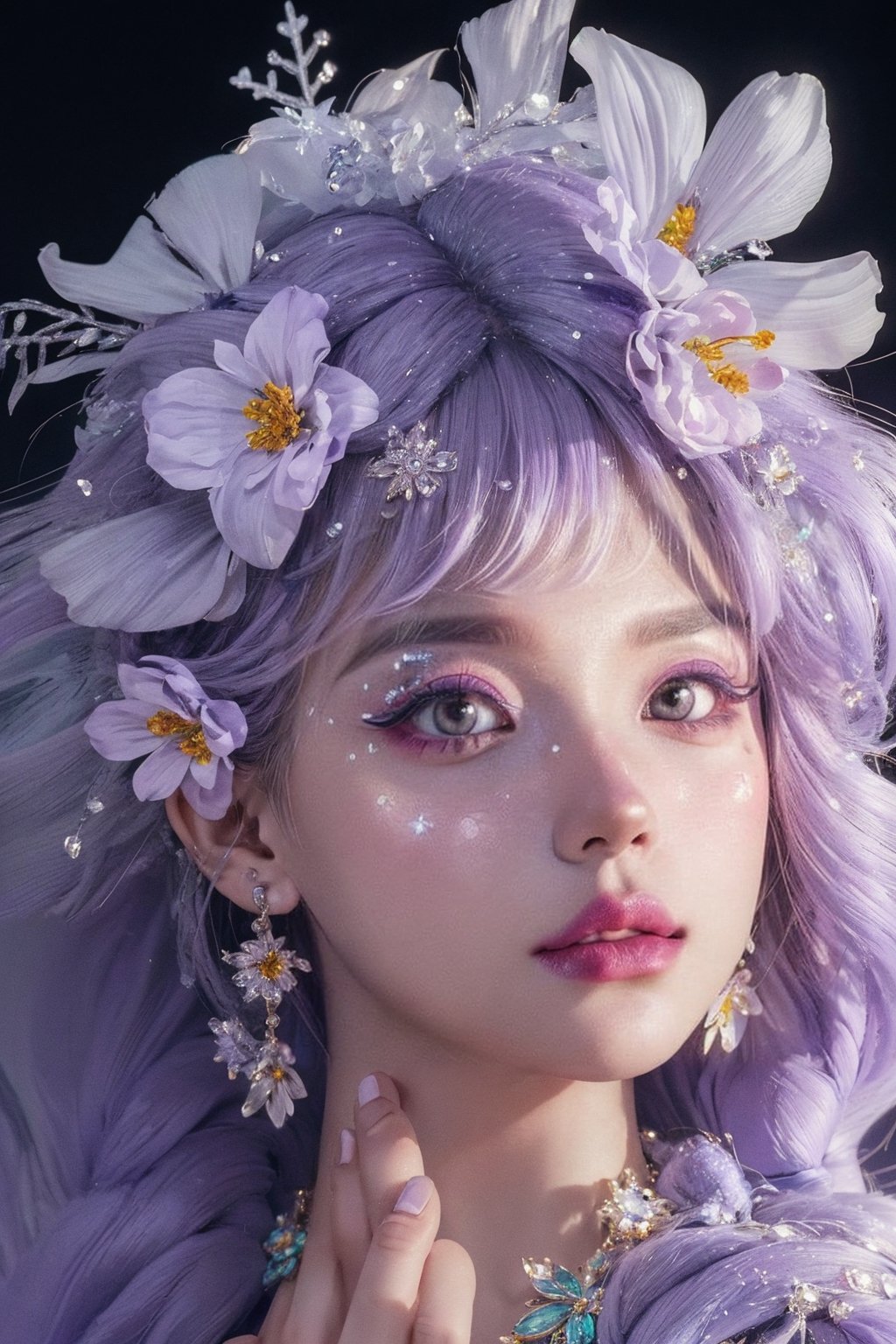 light purple theme,  snowflakes,  looking at viewer,  portrait,  colorful hair,  jewelry,  close up,  ultra high res,  deep shadow, (best quality,  masterpiece),  dimly lit,  shade, highly detailed,  bold makeup,  flower,  simple background,  depth of field,  film grain,  fashion_girl,  accessories, High detailed, ,fashion_girl,dream_girl