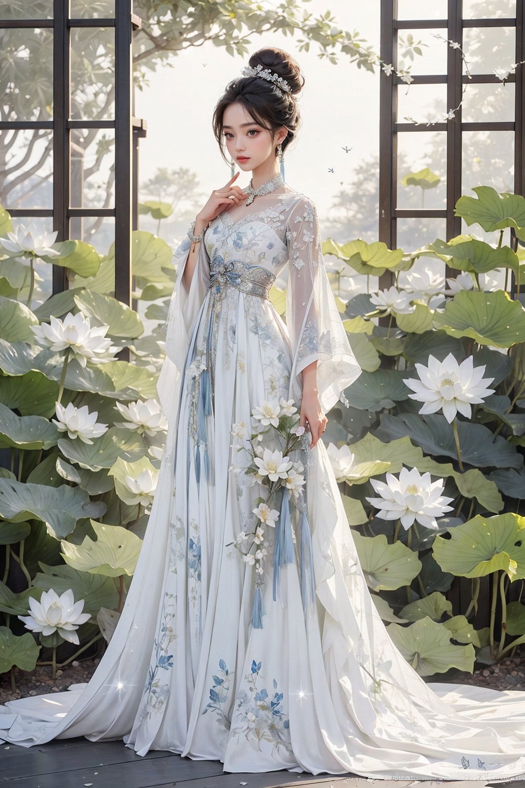 1girl, solo, long hair, black hair, hair ornament, long sleeves, dress, holding, jewelry, standing, full body, flower, earrings, hair bun, white dress, sparkle, chinese clothes, single hair bun, bug, white flower, butterfly, tassel, forehead mark, candle, lotus,best quality,Young beauty spirit 