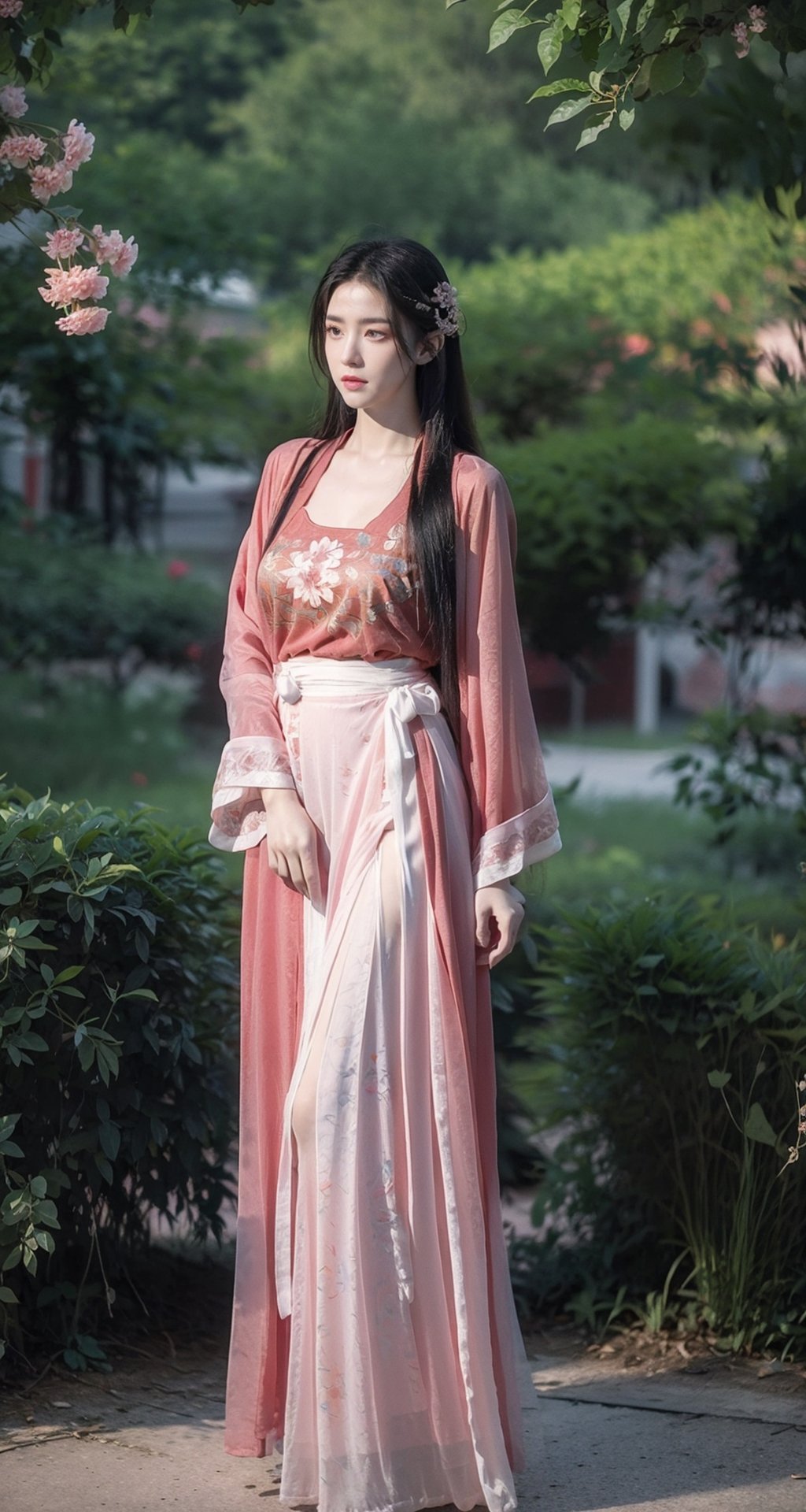 (hanfu),(floral print:1.3),(pink see-through shirt),(green see-through print long skirt),(long sleeves),1 girl,full body,(long hair:1.1),,(big breasts:1.3), (realistic:1.7),((best quality)),absurdres,(ultra high res),(photorealistic:1.6),photorealistic,octane render,(hyperrealistic:1.2), (photorealistic face:1.2), (8k), (4k), ,,(big breasts:1.5),(Masterpiece),(realistic skin texture), (illustration, cinematic lighting,wallpaper),( beautiful eyes:1.2),((((perfect face)))),(cute),(standing),(black hair),black eyes,red lips, outdoors, (chinese style buildings), ,hanfu,Agoon