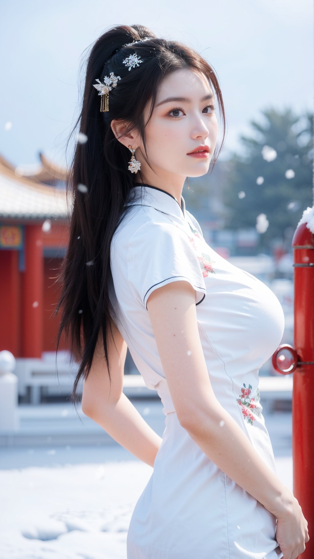 Masterpiece, Best Quality,young and beautiful Chinese girl wearing a cheongsam with coiled hair,wearing vintage Chinese earrings, (big breasts:1.39),1girl, half,arien_hanfu, 1girl, (falling_snow:1.3), looking_at_viewer, , (big breasts:1.39),Young beauty spirit 