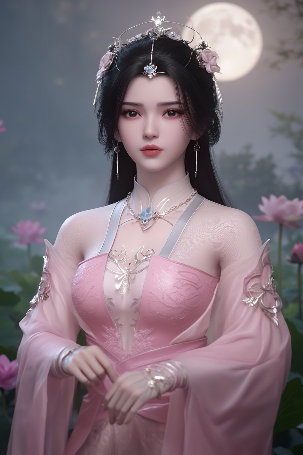 (8k, RAW photo, best quality, masterpiece:1.2), (realistic, photo-realistic:1.2)(raw photo) , detailed and intricate, original,highres,looking at viewer,upper body,black hair,BREAK,(light pink 
 clothing:1.39),(huge breasts:2.29),Xyunxiao,1girl,(full moon,Peony:1.36),BREAK,(Holographic color Chinese Phoenix pattern embroidery:1.26),Xxiaolongnv,Xlimuwan,Xjiuweihu,(Mid-Autumn Festival theme, moon cakes, jade rabbit, lanterns, fireworks:1.36), (lotus, lotus pond:1.39)