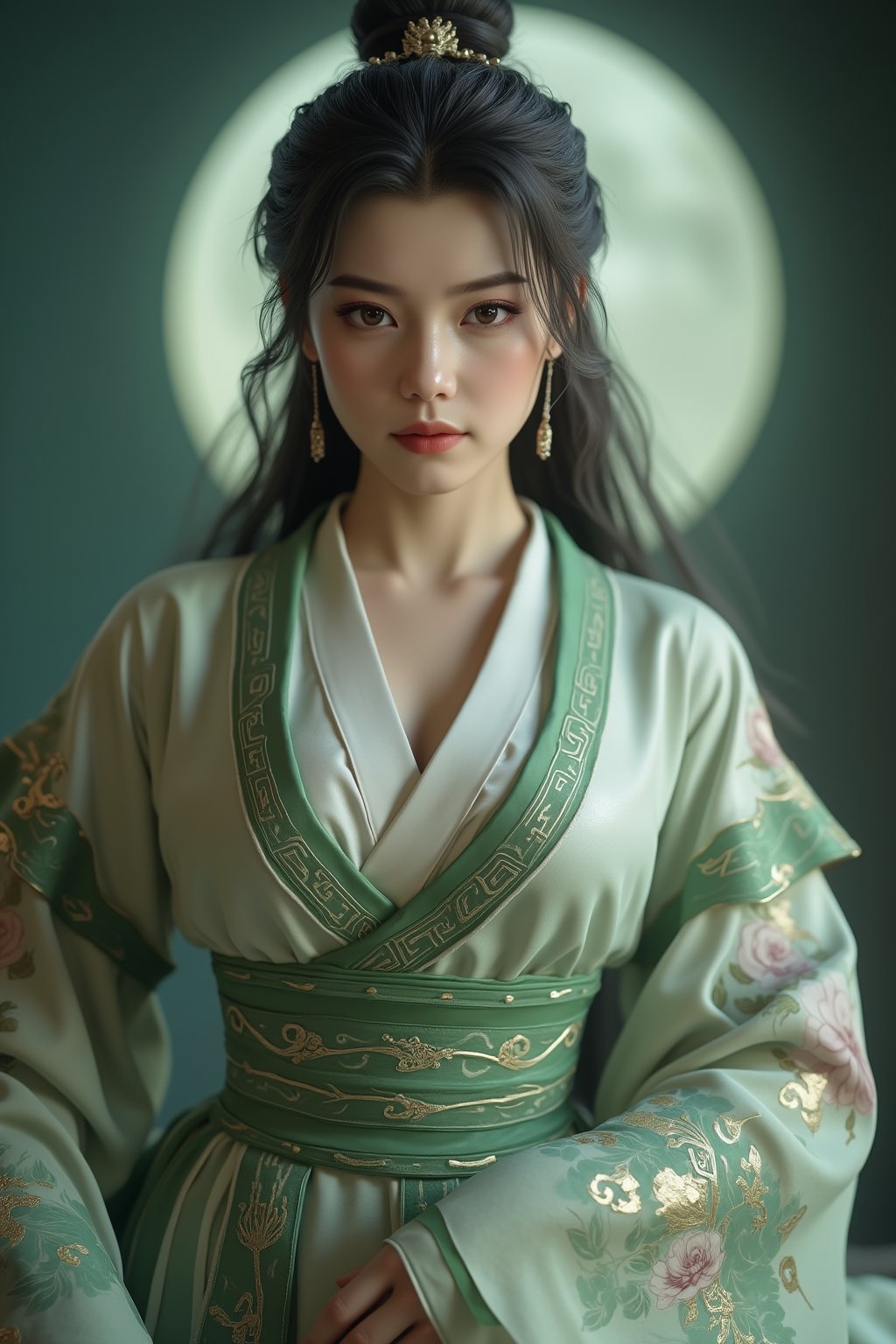 (8k, RAW photo, best quality, masterpiece:1.2), (realistic, photo-realistic:1.2)(raw photo) , detailed and intricate, original,highres,looking at viewer,upper body,black hair,BREAK,(light green hanfu:1.29),(huge breasts:2.3),Xyunxiao,1girl,(full moon,Peony:1.36),BREAK,(Chinese Phoenix pattern embroidery:1.26),wonder beauty