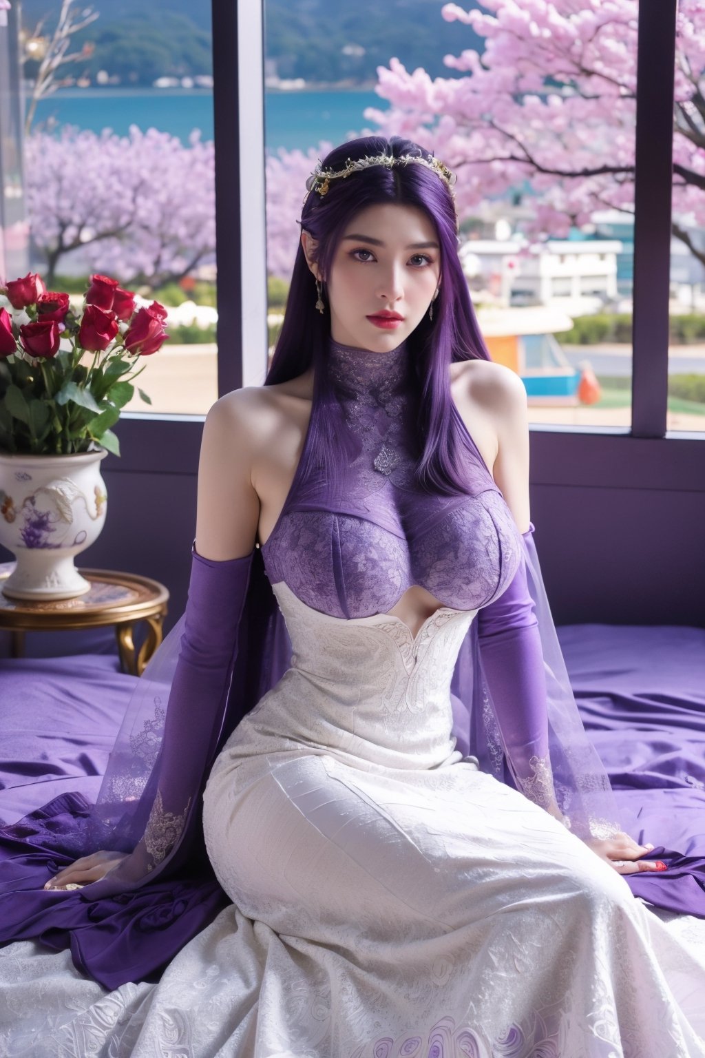 masterpiece,1girl,(mature female:0.5),tall body,full  body,golden proportions,(Kpop idol),(shiny skin:1.2),(oil skin:1.1),makeup,(close up),depth of field,(closed mouth:0.5),(purple hair:1.5),(very long hair:1.36),(puffy eyes),(eyelashes:1.1),(parted lips:1.1),red lipstick,fantasy art style,dreamy light,(purple wedding dress:1.59),(High Neck purple long wedding dress:1.39),(lace:1.49),perfect body,(purple dreamy veil:1.3),(dusk:1.2),(purple princess shoes:1.1),(diamond necklace),(crystal hairpin),tyndall effect,highres,(sitting on a bed:1.59),(The room is covered with colorful roses:1.79), (big breasts:2.59),(The background window is a seaside scenery with cherry blossoms in full bloom:1.69),(Purple themed room with purple decoration:1.59)