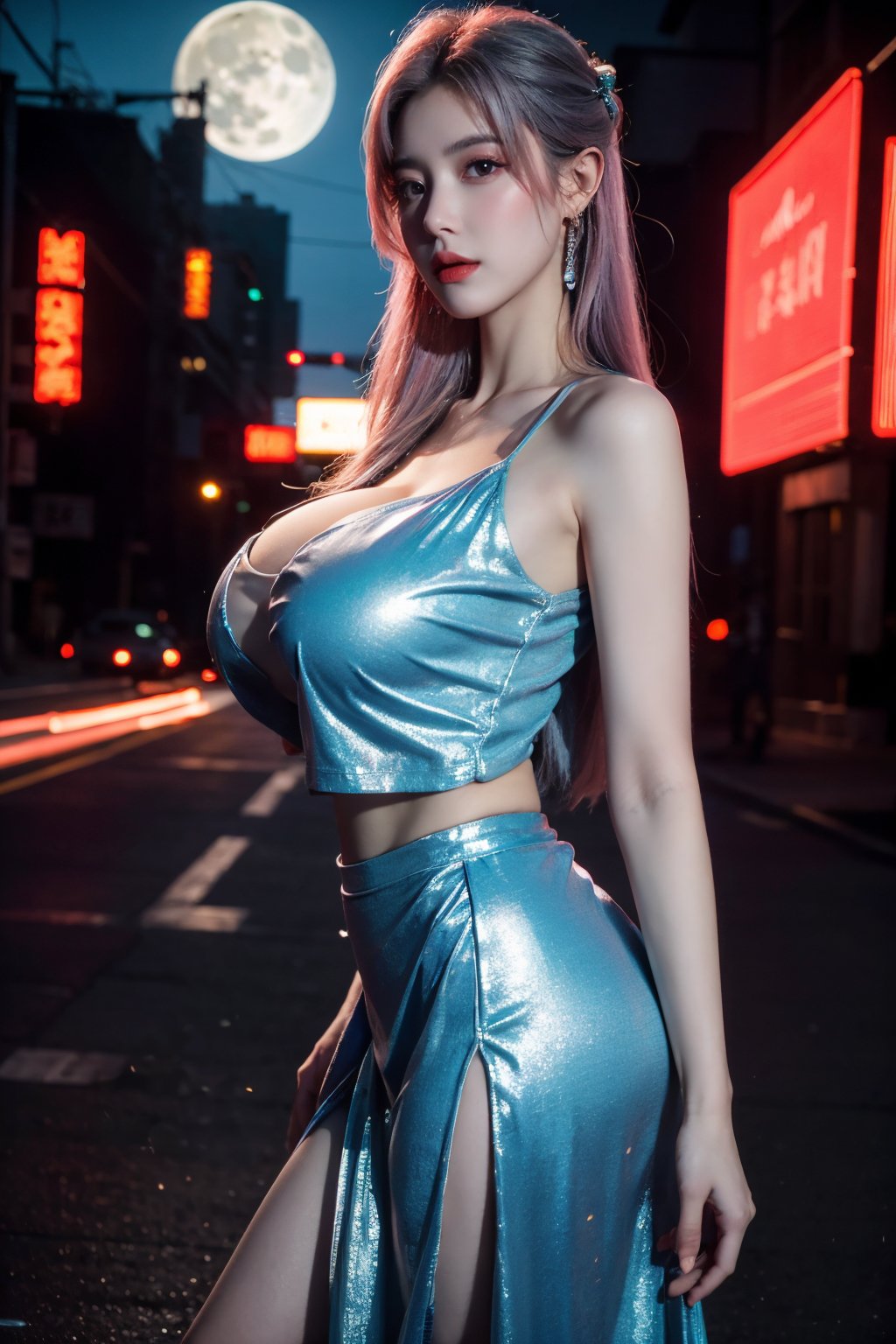 (masterpiece, best quality:1.3),Nights,(Cyberpunk:1.3), (neon lights:1.4), glowing earrings, realistic, pub,1girl, solo, looking at viewer, (Holographic light blue dress:1.29),realistic, midriff, bare shoulders, standting, hair ornament, pink hair, jewelry, Pleated Skirt, purple long skirt, cowboy shot,Xyunxiao, ,(huge breasts:1.5),(full moon:1.39)