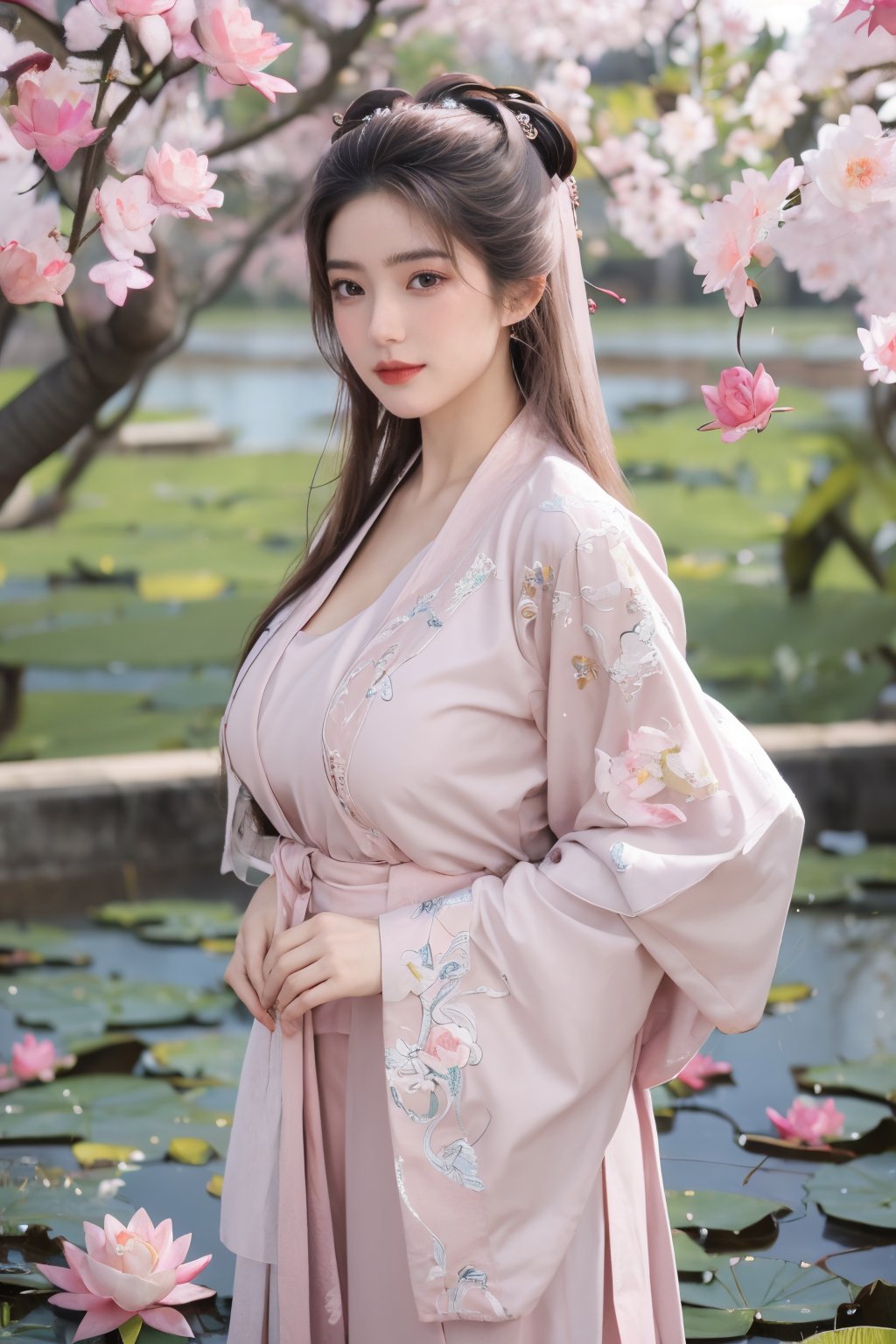 (masterpiece, best quality:1.2), highres, extremely detailed, 1 girl, long hair, eye highlights,(light pink hanfu dress:1.33), frills, outdoors, flower, fluttering petals, upper body, depth of field,pastel color, Depth of field,garden of the sun,shiny,flowers, garden, 1girl, butterfly style, butterflies, ultra detailed, glary,Light, light particles,glitter,reflect,(Ancient Chinese pattern embroidery:1.23),(big breasts:1.76),Xyunxiao,(pink lotus,Lotus Pond:1.59),(Background Chinese ancient architecture:1.29)