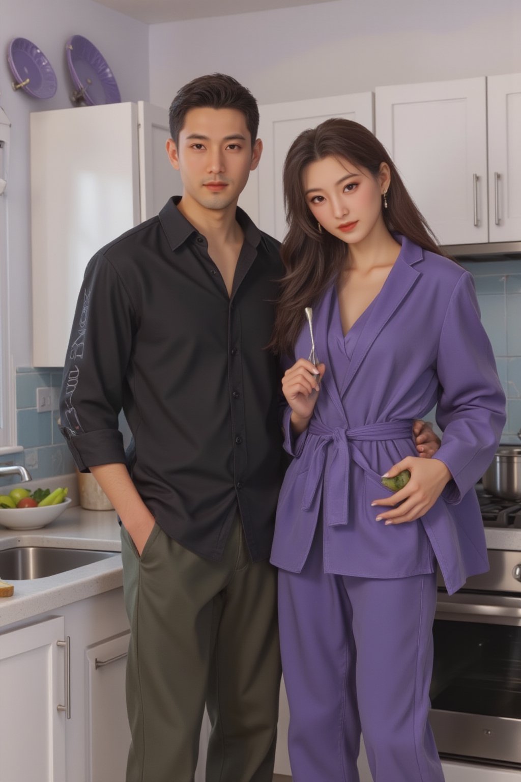 Close-up of a digital painting depicting a man in a black shirt and a beautiful woman in a purple jumpsuit standing in a kitchen. The man was wearing a black button-up shirt and dark green pants, with NIKE embroidery on the left side of the shirt. The woman wears a long-sleeved purple robe and holds a spoon in her right hand, while the man holds an apple in his left hand. The woman's arms rest in front of a silver pot on the stove. The stove is against a white countertop, with bowls of vegetables placed on it. There is a sink with a silver faucet to the left of the stove, and a white cabinet with silver handles. Above the counter, three purple plates hang from the ceiling. Realism. light and shadow. The lighting is soft. masterpiece