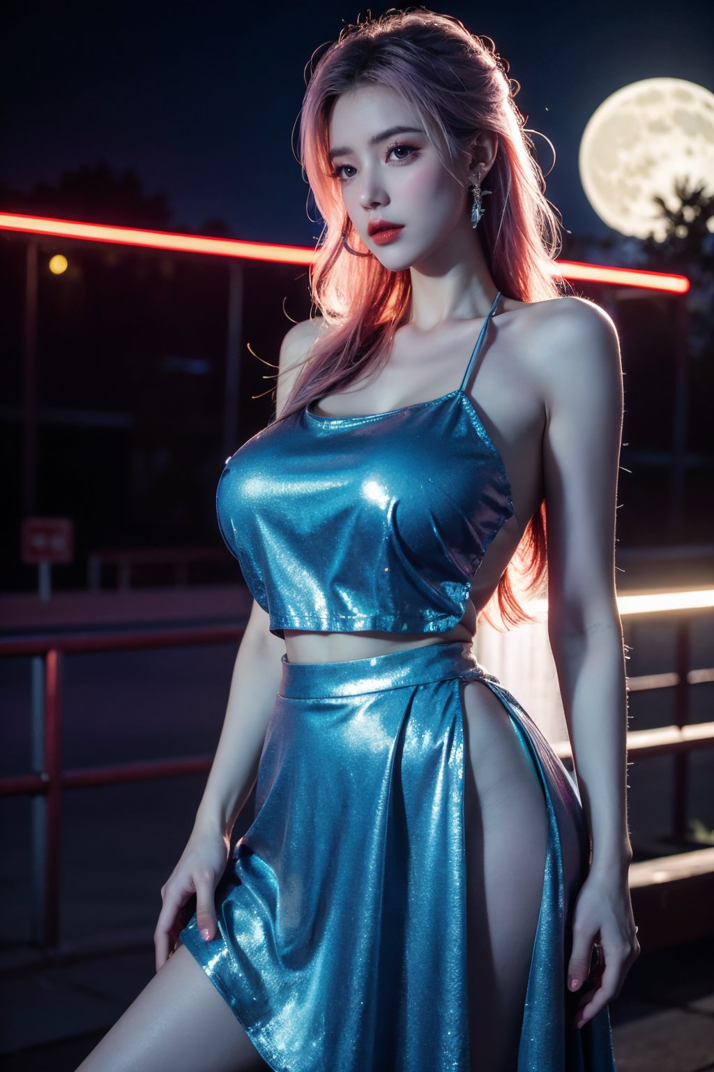 (masterpiece, best quality:1.3),Nights,(Cyberpunk:1.3), (neon lights:1.4), glowing earrings, realistic, pub,1girl, solo, looking at viewer, (Holographic light blue dress:1.29),realistic, midriff, bare shoulders, standting, hair ornament, pink hair, jewelry, Pleated Skirt, purple long skirt, cowboy shot,Xyunxiao, ,(huge breasts:1.5),(full moon:1.39)