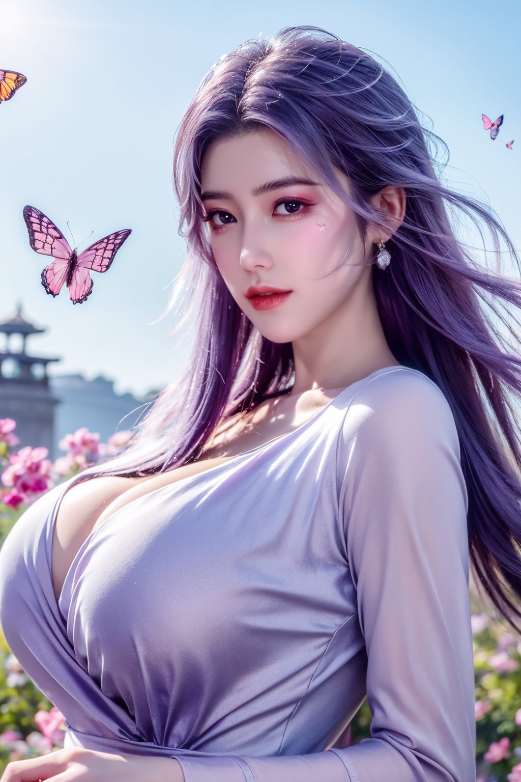 (masterpiece, best quality:1.2), highres, extremely detailed, 1 girl, purple hair, eye highlights,purple dress, frills, outdoors, flower, fluttering petals, upper body, depth of field,pastel color, Depth of field,garden of the sun,shiny,flowers, garden, 1girl, butterfly style, butterflies, ultra detailed, glary,Light, light particles,glitter,reflect,,(big breasts:1.39),Xyunxiao,sky_moon