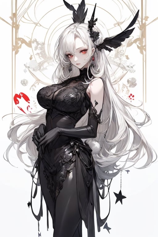 Playing card style background (Hearts) (blackandwhite_backgraound:1.3), (White_hair:1.2), (gradient:1.2), wide_shot, scenery, 2 Hair_ornament in the shape of (symmetrical) rabbit_ears, detailed background, (grow_red_particles:1.3), (blackandwhite_clothes:1.2), (gradient_clothes:1.2), , (white_clothes:1.1), (black_clothes:1.3), long hair, floating hair, (((dramatic))), (((gritty))), (((intense))). She confidently of the poster, wearing a (Gray (X11 gray):1.1) and (Seashell:1.1) stylish and edgy outfit, The background is gray and sandy with gray hearts, with a sense of danger and intensity. Drama and excitement. The color palette is mainly dark and Fallow with splashes of vibrant colors, giving the poster a dynamic and visually striking appearance, tachi-e, with a relaxed expression on her face. leaf bikini, , (atmospheric perspective:1.1), (a close up of a person wearing a costume:1.22), (from above:1.1), wide_shot, scenery, a close up of a person wearing a costume, card game illustration, machine garden, killstar, elegant clothes, gloomy style, rabbits, solemn gesture, patchwork, Crown, feminine figure, ( symmetrical ), Queen, Queen of Hearts, Queen of rabbits, White hair, gothic art, poker card style, Red eyes, thick thighs, hold a rabbit, detail background, deck of cards style background., midjourney