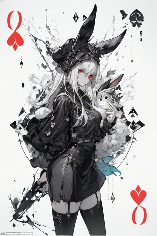 Rabbits, holding a rabbit, Playing card style background (Hearts) Crown of hearts, background of playing cards of hearts, (blackandwhite_backgraound:1.3), (White_hair:1.2), (gradient:1.2), wide_shot, scenery, 2 Hair_ornament in the shape of (symmetrical) rabbit_ears, detailed background, (grow_red_particles:1.3), (blackandwhite_clothes:1.2), (gradient_clothes:1.2), , (white_clothes:1.1), (black_clothes:1.3), long hair, floating hair, (((dramatic))), (((gritty))), (((intense))). She confidently of the poster, wearing a (Gray (X11 gray):1.1) and (Seashell:1.1) stylish and edgy outfit, The background is gray and sandy with gray hearts, with a sense of danger and intensity. Drama and excitement. The color palette is mainly dark and Fallow with splashes of vibrant colors, giving the poster a dynamic and visually striking appearance, tachi-e, with a relaxed expression on her face. leaf bikini, , (atmospheric perspective:1.1), (a close up of a person wearing a costume:1.22), (from above:1.1), wide_shot, scenery, a close up of a person wearing a costume, card game illustration, machine garden, killstar, elegant clothes, gloomy style, rabbits, solemn gesture, patchwork, Crown, feminine figure, ( symmetrical ), Queen, Queen of Hearts, Queen of rabbits, White hair, gothic art, poker card style, Red eyes, thick thighs, hold a rabbit, detail background, deck of cards style background., midjourney