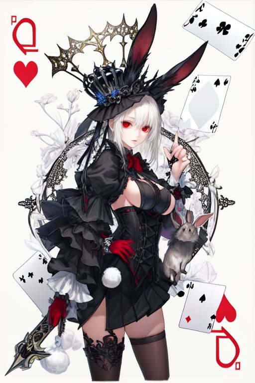 a close up of a person wearing a costume, card game illustration, machine garden, killstar, elegant clothes, gloomy style, rabbits, mafia background hyper detailed, solemn gesture, patchwork, Crown, feminine figure, ( symmetrical ), Queen, Queen of Hearts, Queen of rabbits, White hair, gothic art, poker card style, Large breasts Cup D, Red eyes, thick thighs, hold a rabbit, detail background, deck of cards style background.