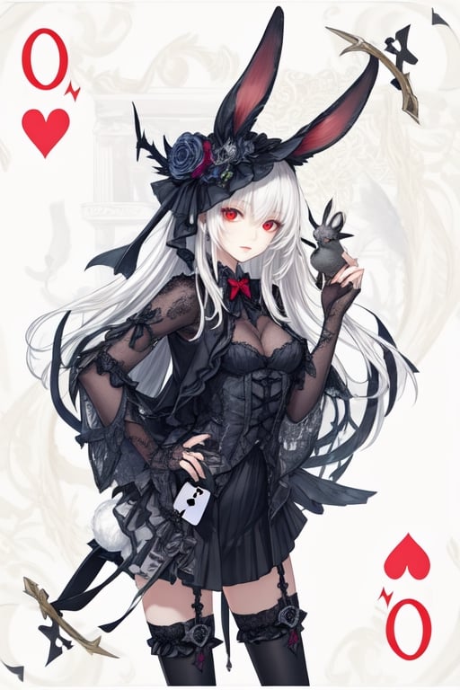 a close up of a person wearing a costume, card game illustration, machine garden, killstar, elegant clothes, gloomy style, rabbits, mafia background hyper detailed, solemn gesture, patchwork, Crown, feminine figure, ( symmetrical ), Queen, Queen of Hearts, Queen of rabbits, White hair, gothic art, poker card style, Red eyes, hold a rabbit, detail background, deck of cards style background.