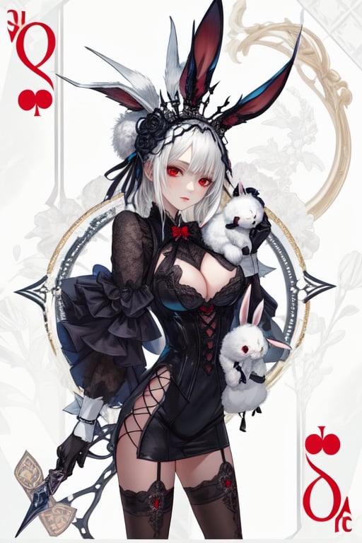 a close up of a person wearing a costume, card game illustration, machine garden, killstar, elegant clothes, gloomy style, rabbits, mafia background hyper detailed, solemn gesture, patchwork, Crown, feminine figure, ( symmetrical ), Queen, Queen of Hearts, Queen of rabbits, White hair, gothic art, poker card style, Large breasts Cup D, Red eyes, thick thighs, hold a rabbit, detail background, deck of cards style background.