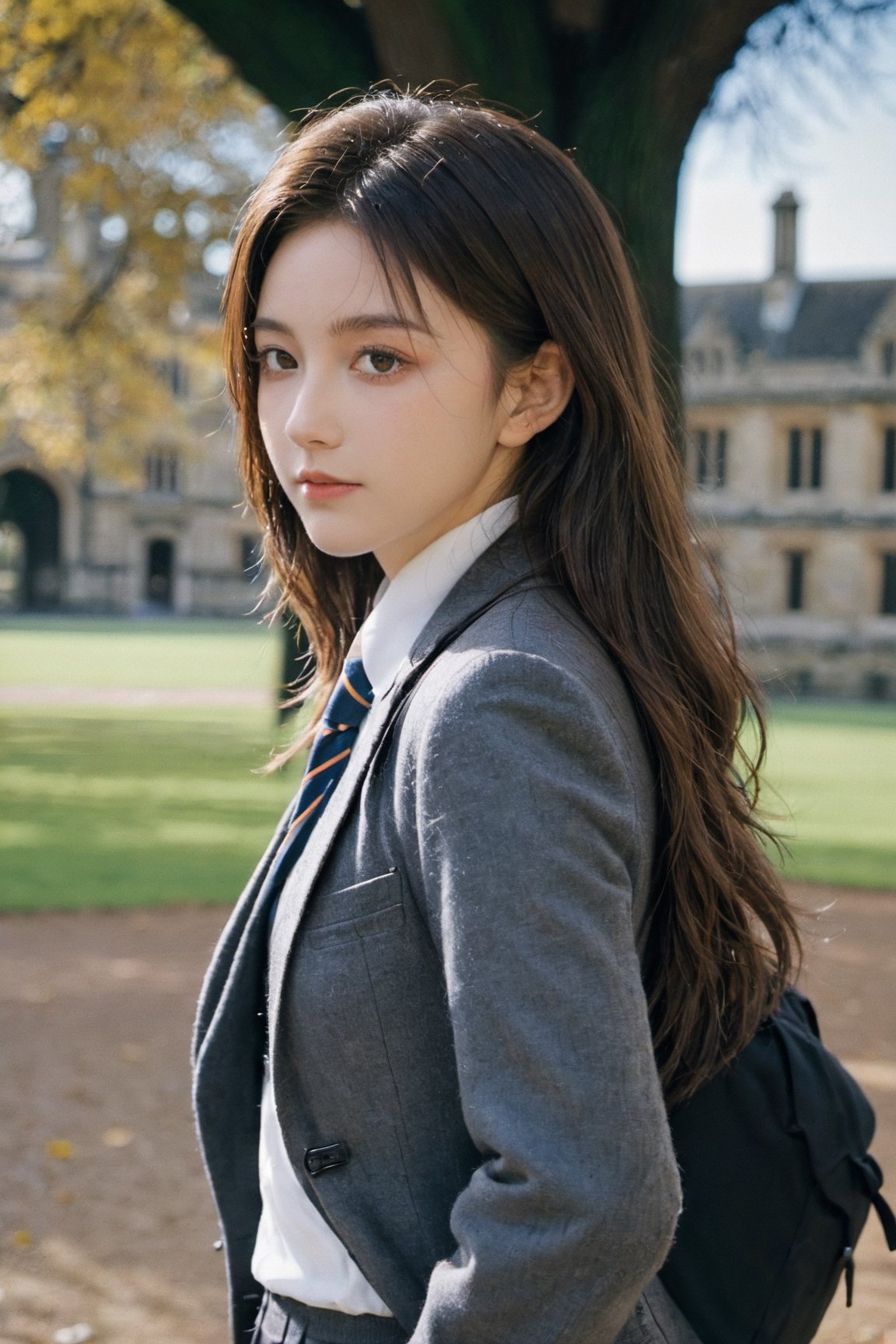 xxmix_girl,
//Photo of,
1girl, solo, a 20 year old girl in School uniforms for British students
//Camera style,
centered shot, from behind, face and waist,  look down,
long brown hair,
//Body,
Oxford University Campus, masterpiece, smile, cold, full-body_portrait
