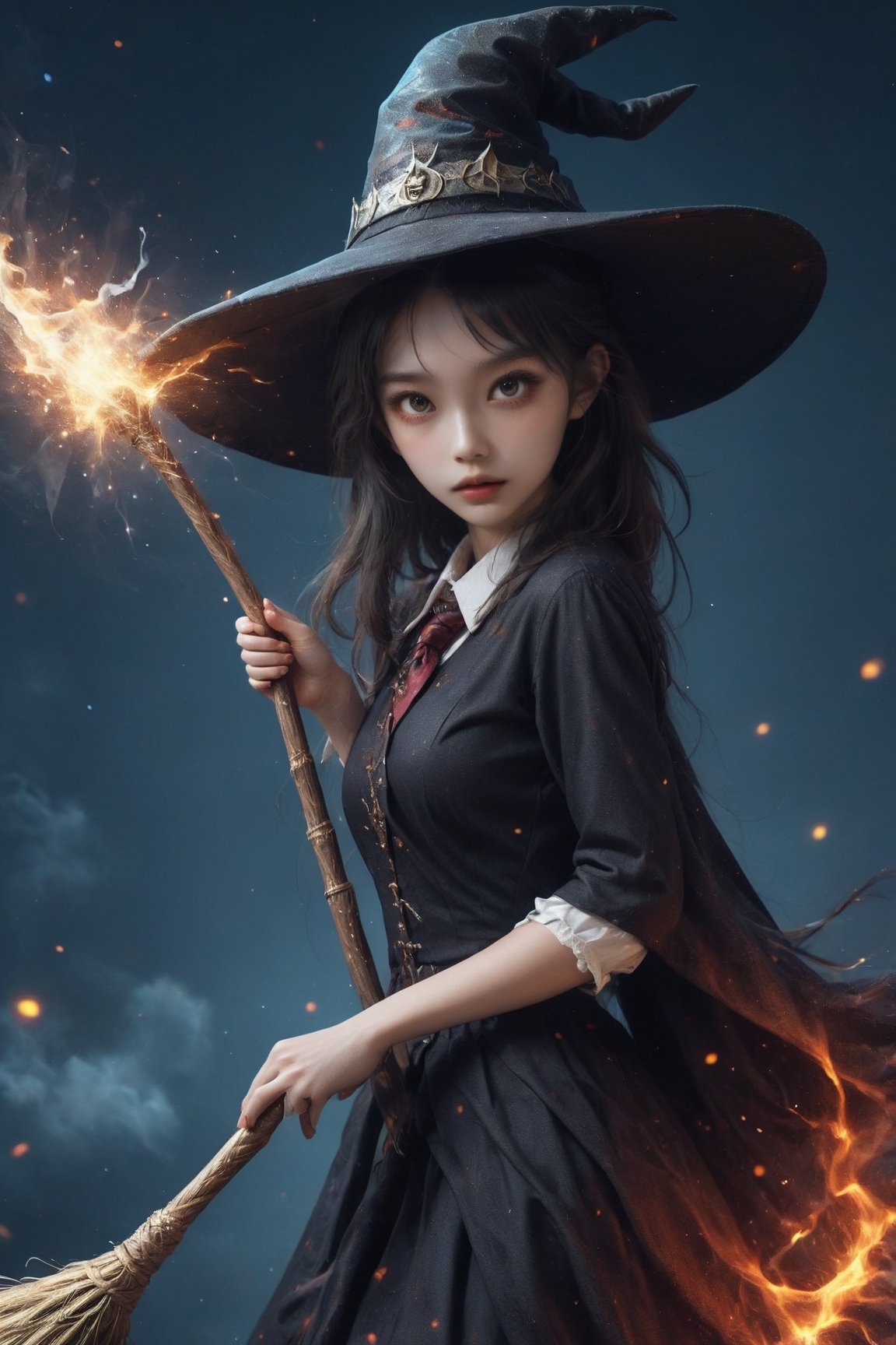 ((1 girl in halloween costume and wizard hat and riding wizard's broom on festival halloween night, cute)), rich and sophisticated image of girl with pearl earrings in timepiece costume with Ultra-detailed, professional cinematic effects, beautiful, ultra-detailed faces, 8k Ultra HD,
// full_body,
DonMD3m0nXL 