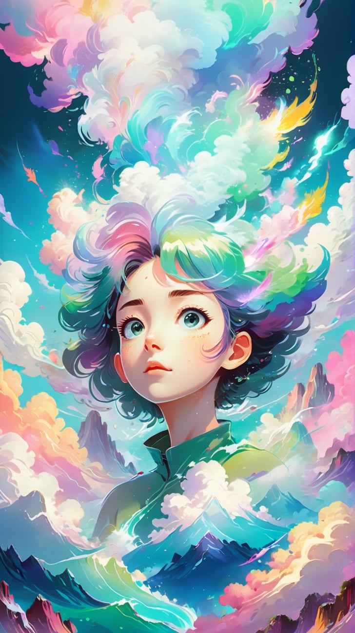 top quality, best quality, soft pastel colors, cartoon style illustration of a girl as she sees the world while experiencing hallucinations, 20 yo, psychedelic, splash art, splashed pastel colors, (soft iridiscent glowy smoke) motion effects, best quality, wallpaper art, UHD, centered image, ((flat colors)), illustration, beautiful majestic phoenix mountains in background, golden ratio, fake detail, trending pixiv fanbox, acrylic palette knife, style of makoto shinkai studio ghibli genshin impact james gilleard greg rutkowski chiho aoshima