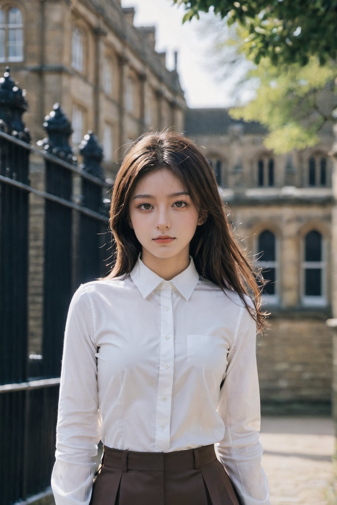 xxmix_girl,
//Photo of,
1girl, solo, a 20 year old girl in School uniforms for British students
//Camera style,
centered shot, from behind, face and waist,  look down,
long brown hair,
//Body,
Oxford University Campus, masterpiece, smile, cold, full-body_portrait
