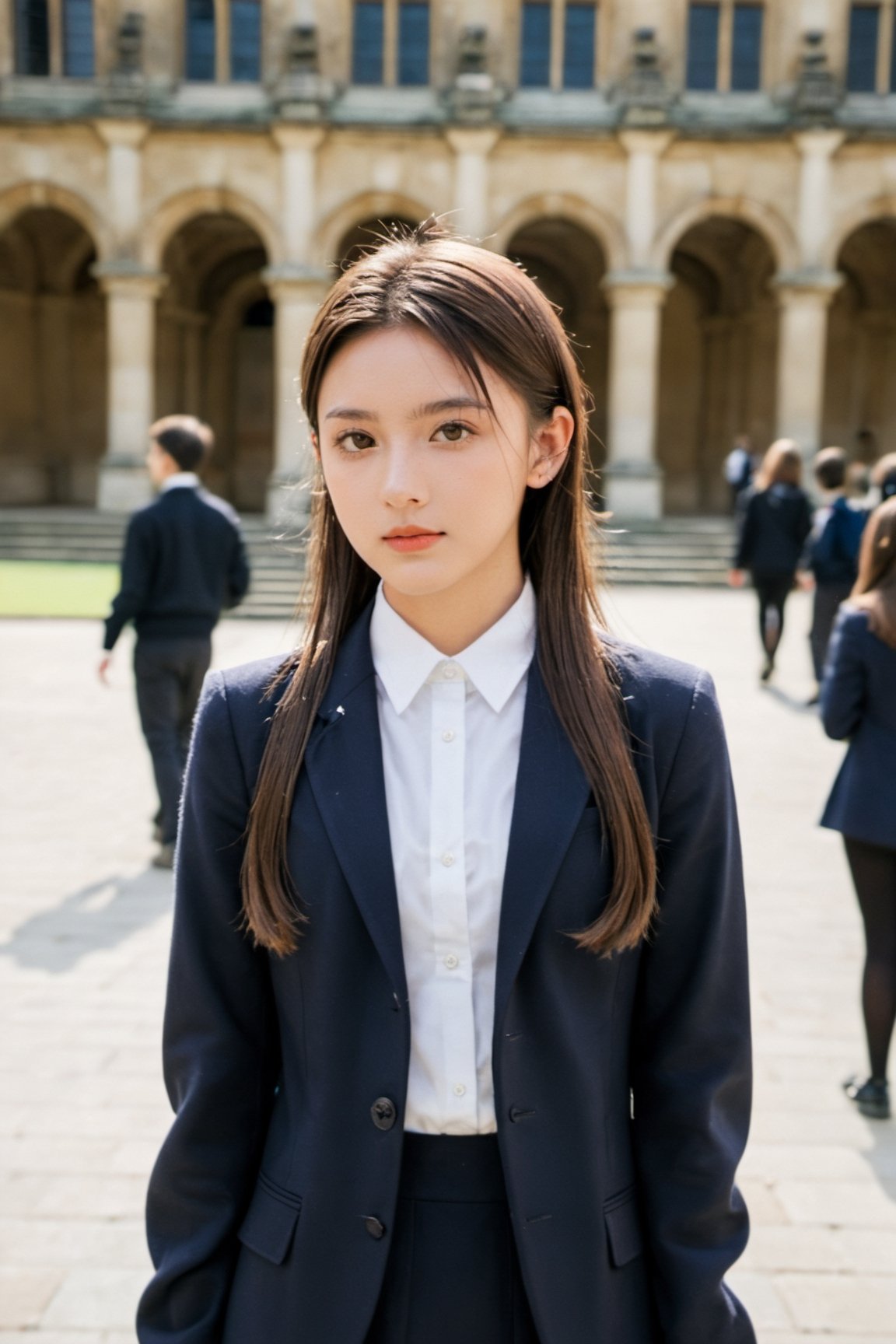 xxmix_girl,
//Photo of,
1girl, solo, a 20 year old girl in School uniforms for British students
//Camera style,
centered shot, from front, face and waist,  look at camera,
long ponytails hair ,
//Body,
Oxford University Campus, masterpiece, smile, cold, full-body_portrait
