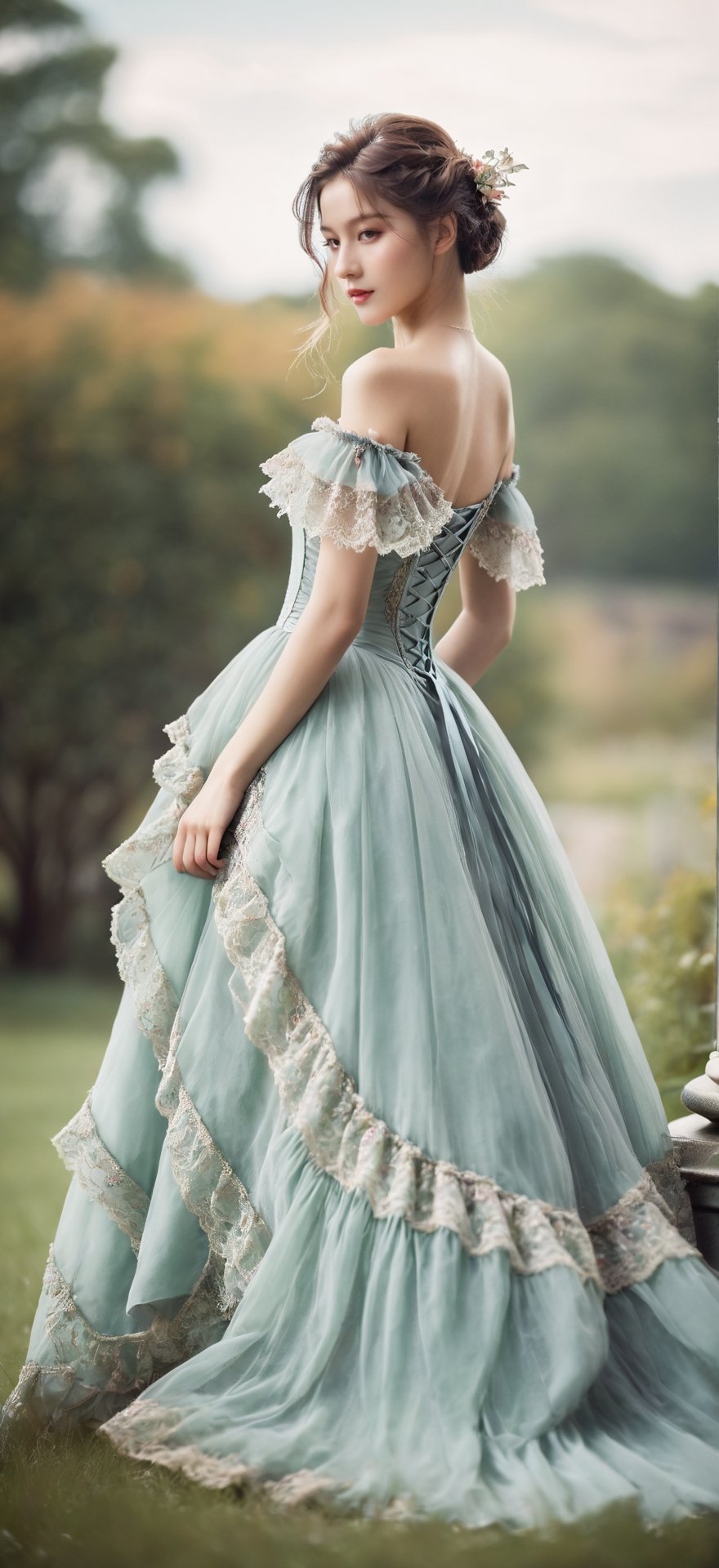 A girl is wearing a gorgeous, long tail dress, Victorian Style,
one girl, hair_past_waist,
masterpiece, realistic, blurry_background, photo epic,
// (full-body_portrait: 1.5), head to foot,
short waist, looking_at_camera