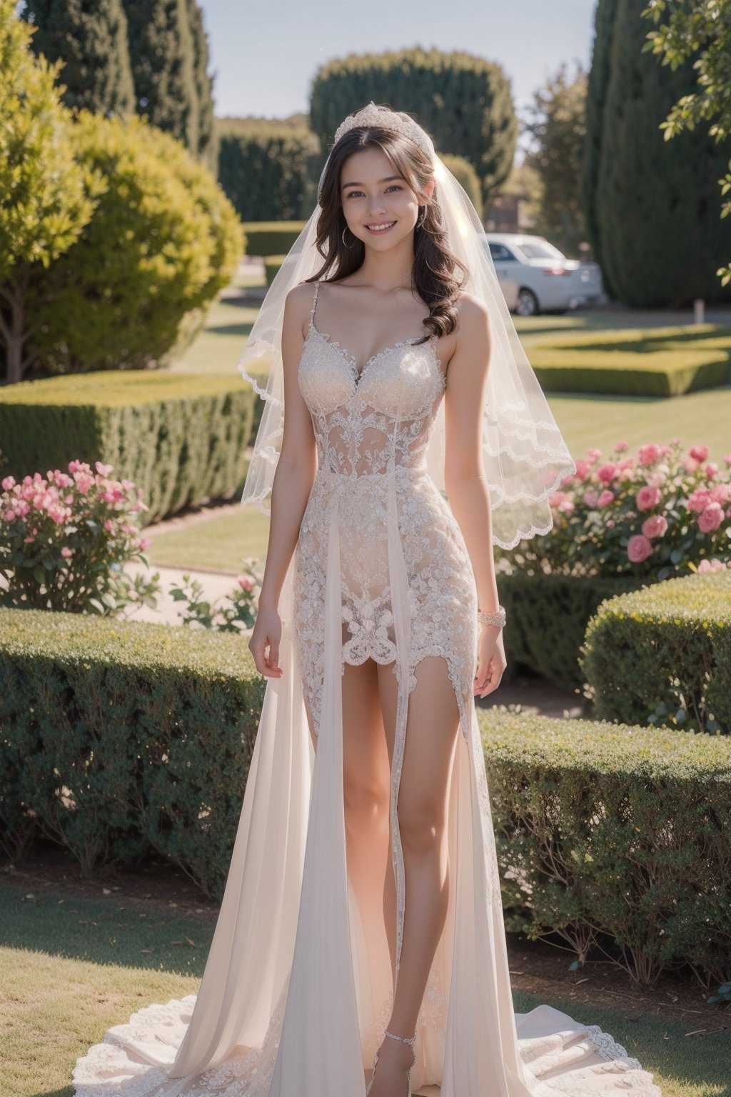 a teen girl, 18 years old, smile, modern long lace Wedding Dresses For The Bold Bride, wedding_band, in the middle of garden, luxury jewelry, high resolution, photorealistic, photo, realism, LinkGirl, aesthetic portrait, ((full-body_portrait)), flower_hair_ornament,