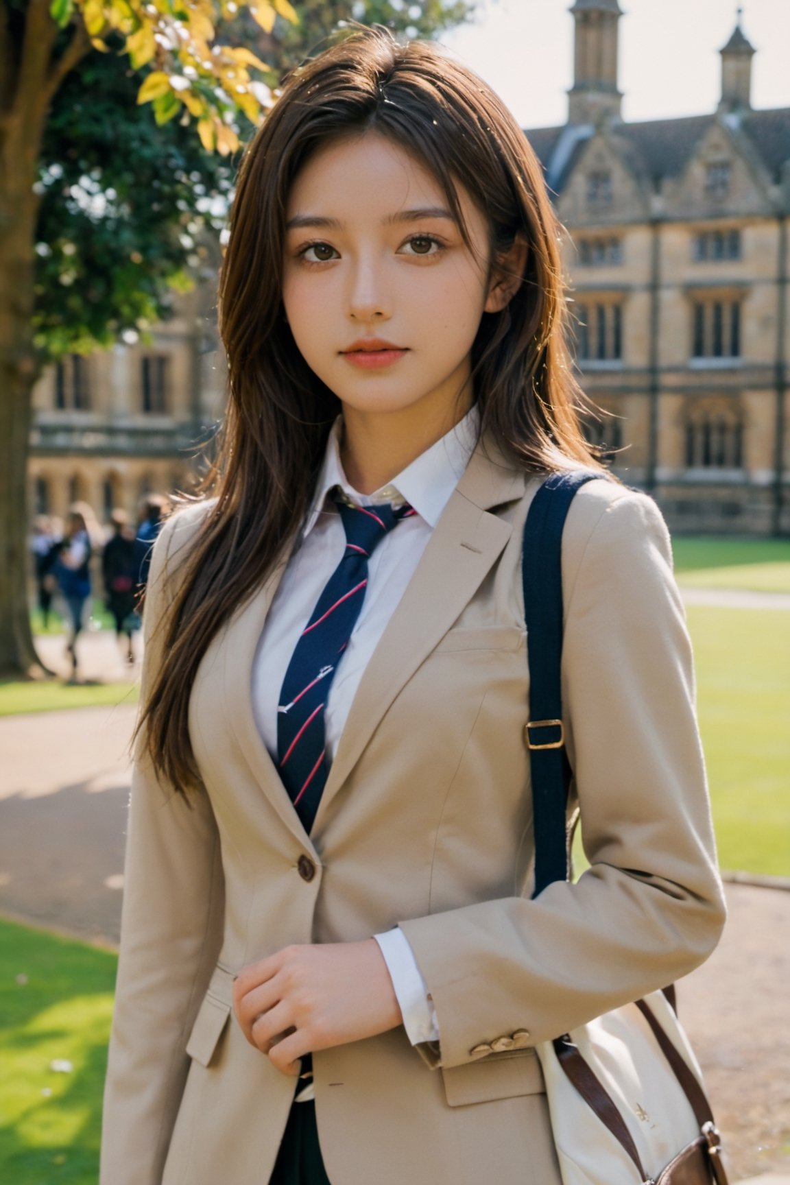 xxmix_girl,
//Photo of,
1girl, solo, a 20 year old girl in School uniforms for British students
//Camera style,
centered shot, from front, face and waist,  look at camera,
long brown hair ,
//Body,
Oxford University Campus, masterpiece, smile, cold, full-body_portrait
