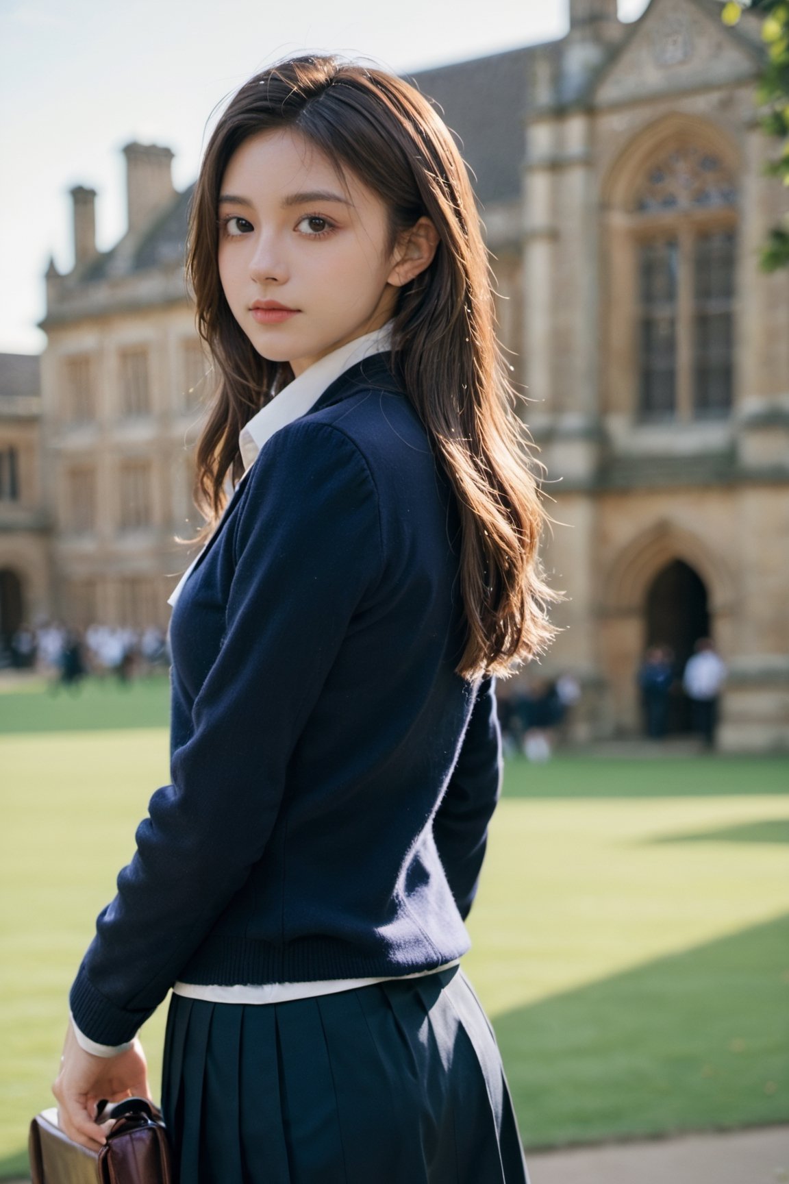 xxmix_girl,
//Photo of,
1girl, solo, a 20 year old girl in School uniforms for British students
//Camera style,
centered shot, from behind, face and waist,  look at camera,
long brown hair ,
//Body,
Oxford University Campus, masterpiece, smile, cold, full-body_portrait
