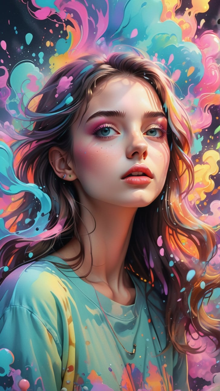 top quality, best quality, soft pastel colors, cartoon style illustration of a girl as she sees the world while experiencing hallucinations, 20 yo, stoned, splash art, splashed pastel colors, (soft iridiscent glowy smoke) motion effects, best quality, wallpaper art, UHD, centered image, MSchiffer art, ((flat colors)), (cel-shading style) very vibrant neon colors, ((low saturation)) ink lines, iridiscent