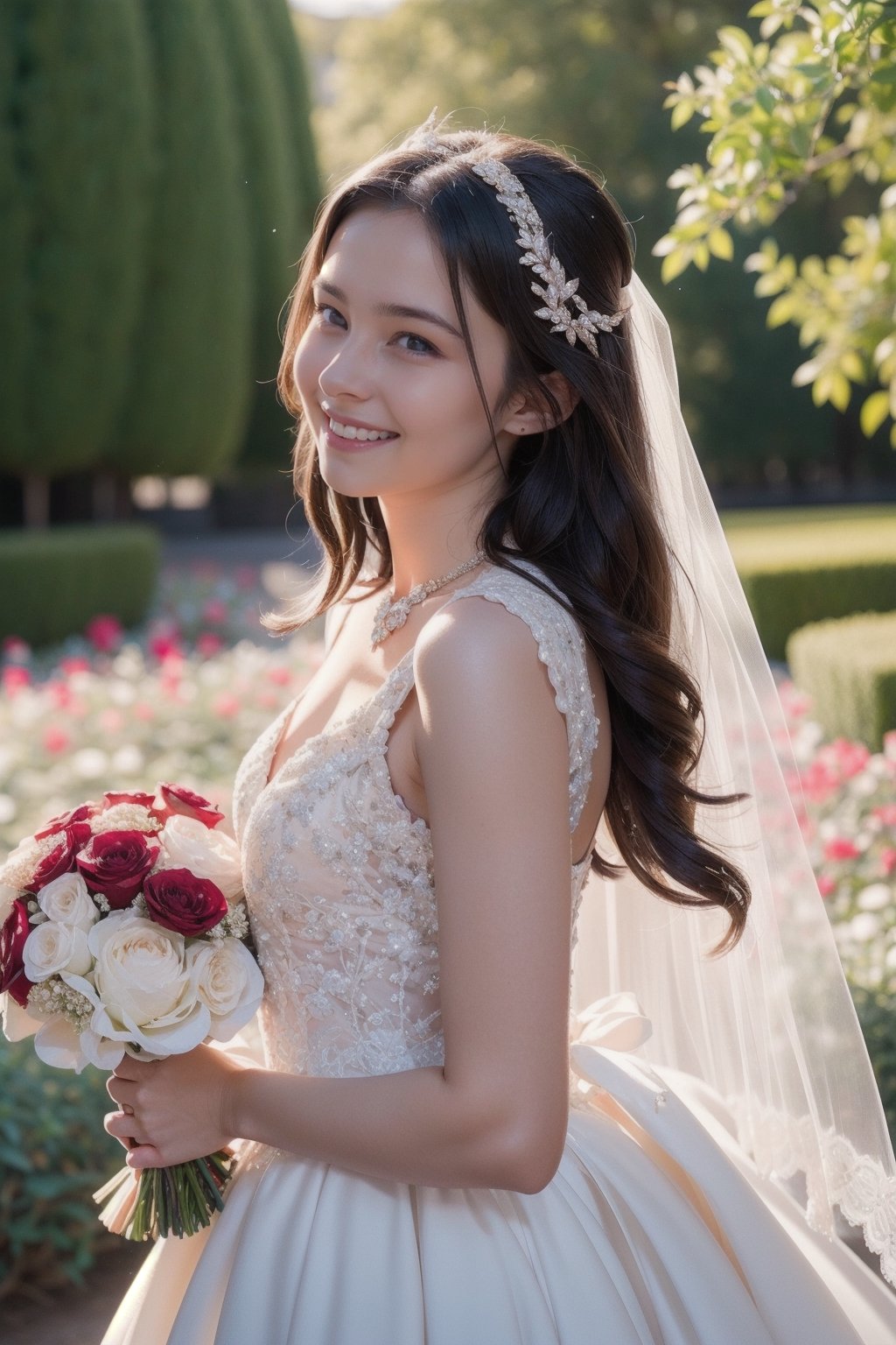 a teen girl, 18 years old, smile, modern long lace Wedding Dresses For The Bold Bride, wedding_band, in the middle of garden, luxury jewelry, high resolution, photorealistic, photo, realism, LinkGirl, aesthetic portrait, (( 3/4 body portrait)), flower_hair_ornament, viewed_from_side