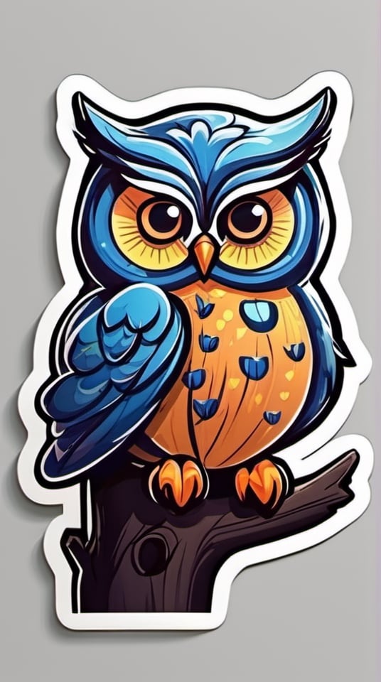 A cute big owl on a tree, in the forest, fireflies,sticker