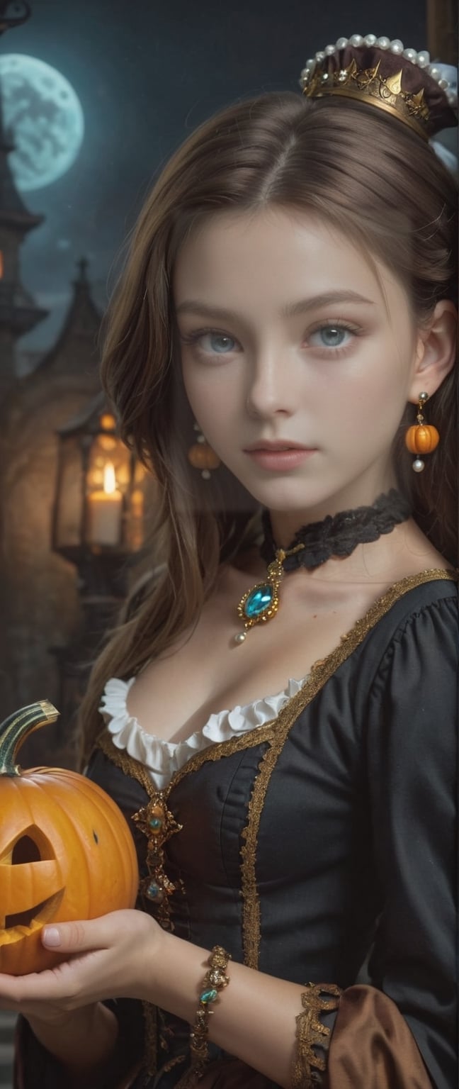 ((1 girl with Halloween costume and wizard hat holding a halloween pumpkin , in the halloween night festival,adorable, happy)), Opulence and sofistication, intricate and colorful image of the girl with the pearl earring wearing a time-piece outfit with ultra detailed glowing fractal glass elements, professional cinematic results, sense of awe and beauty, hyperdetailed face, 8k UHD, sharp focus on eyes , johannes vermeer style,Digital painting ,  colorful rendition ,steampunk style, hazel eyes, shap focus on eyes ,Monster,arcane, prismatic glow elements ,ColorART,  warm brown eyes,art by sargent,
// face and waist