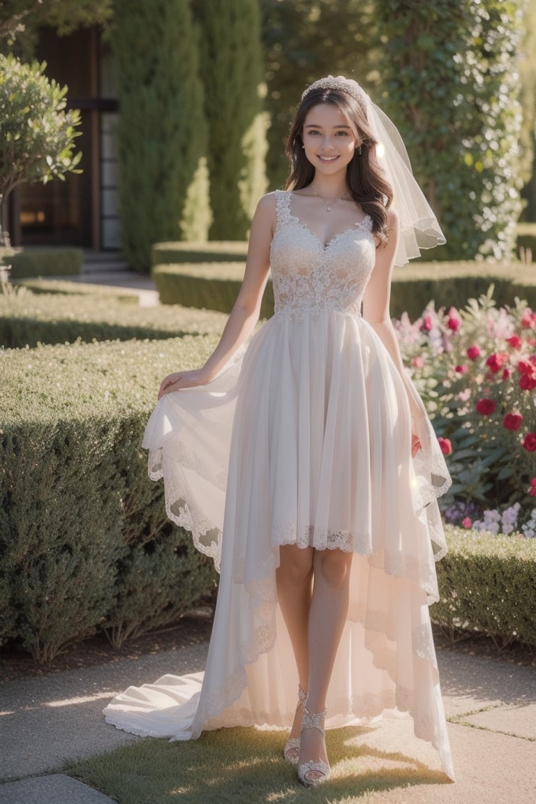 a teen girl, 18 years old, smile, modern long lace Wedding Dresses For The Bold Bride, wedding_band, in the middle of garden, luxury jewelry, high resolution, photorealistic, photo, realism, LinkGirl, aesthetic portrait, ((full-body_portrait)), flower_hair_ornament,