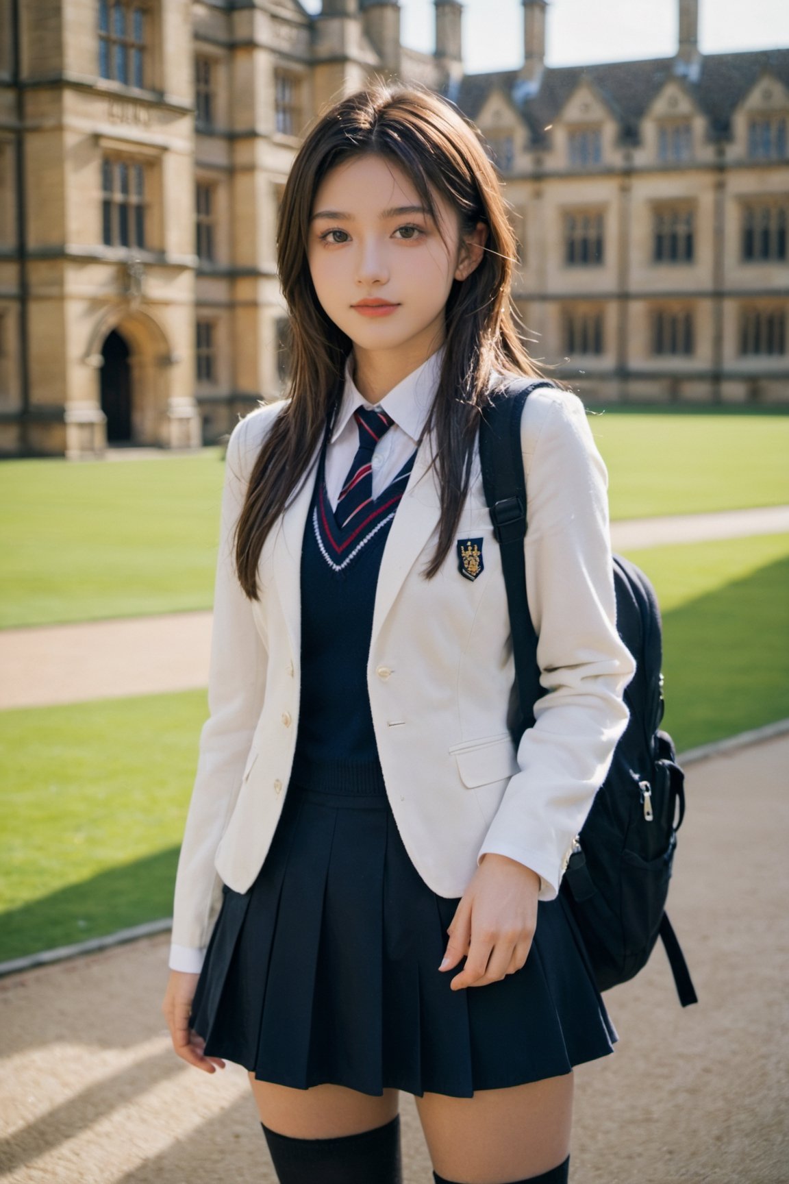 xxmix_girl,
//Photo of,
1girl, solo, a 20 year old girl in School uniforms for British students
//Camera style,
centered shot, from front, face and waist,  look at camera,
long brown hair ,
//Body,
Oxford University Campus, masterpiece, smile, cold, full-body_portrait
