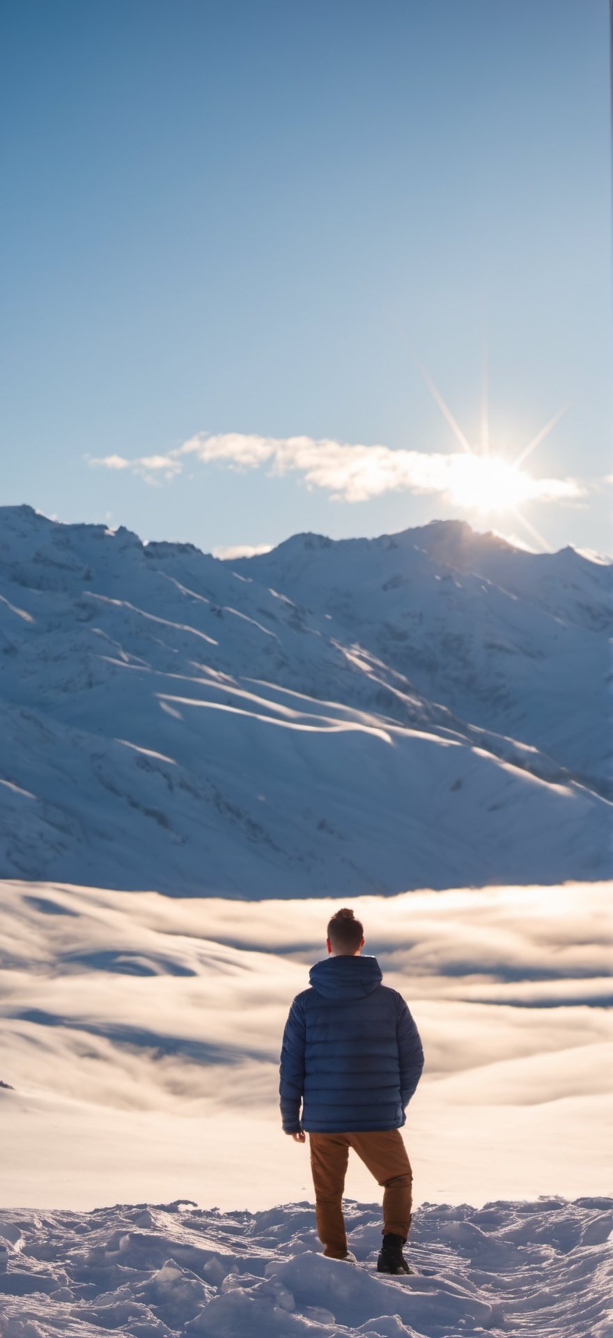 A snow mountain occupies most of the picture, a man stands in front of the mountain, with his back to the camera. sunrise, warm light, Stylish